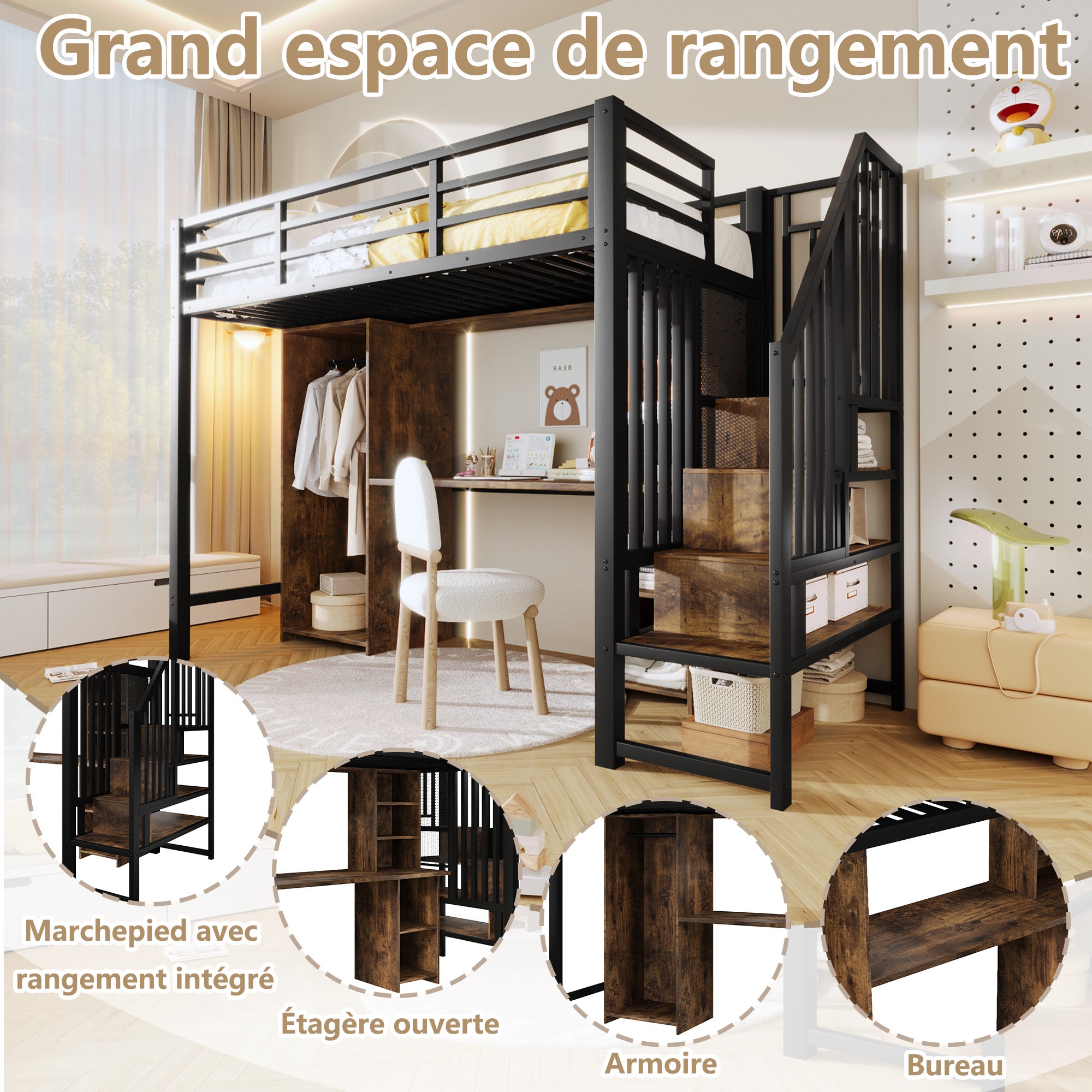Lit mezzanine avec bureau,Lit simple 90x200 cm avec penderie et rangements,Lit mezzanine en fer,avec escalier de rangement,Noir(matelas non inclus) - 3