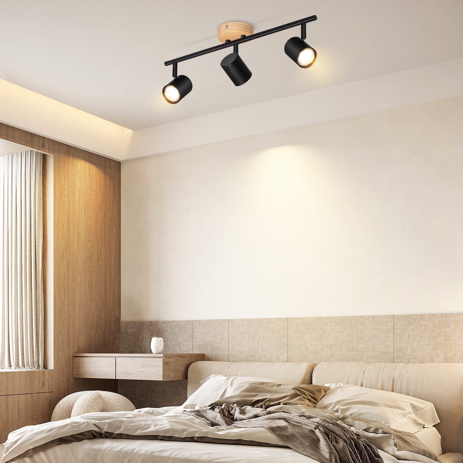 NETTLIFE Plafón LED de 3 llama - Plafón GU10 negro Foco giratorio Aplique de madera Foco de pared para salón dormitorio Sin bombilla - 8
