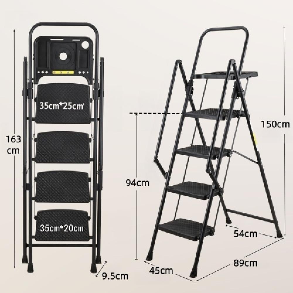 Escabeau 4 marches acier robuste avec main courante, pédales larges antidérapantes, 150 kg, pliant cuisine maison - 2