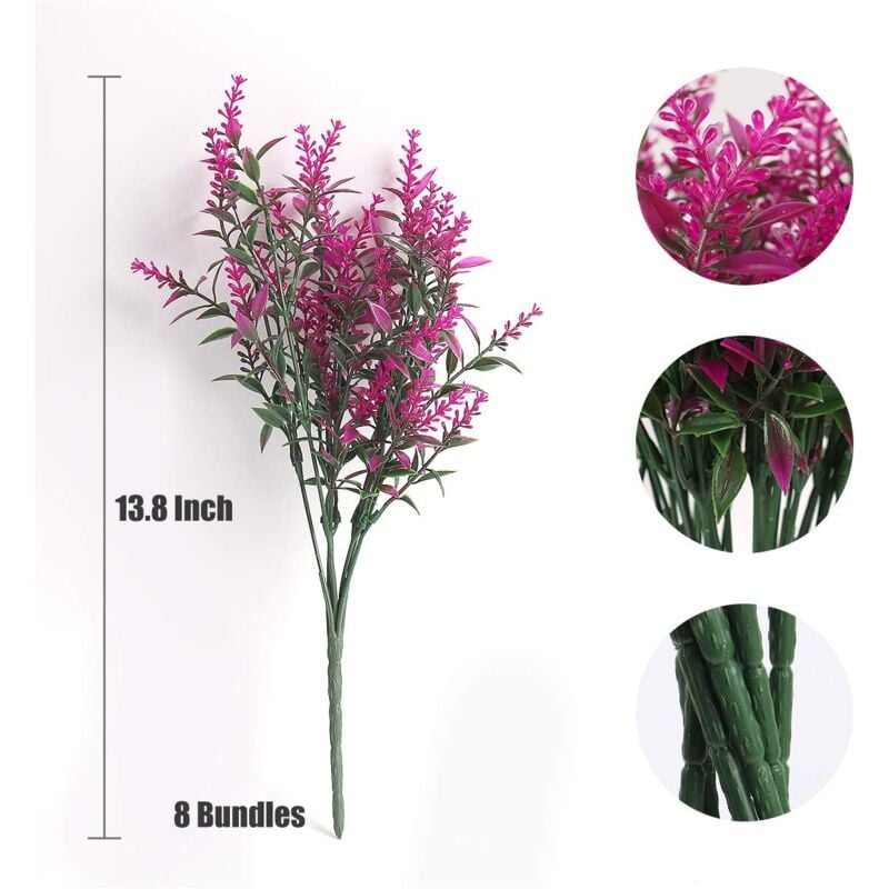 8 bouquets de fleurs artificielles, fleurs artificielles de lavande résistantes aux UV, décorations intérieures et extérieures (violet) - 2
