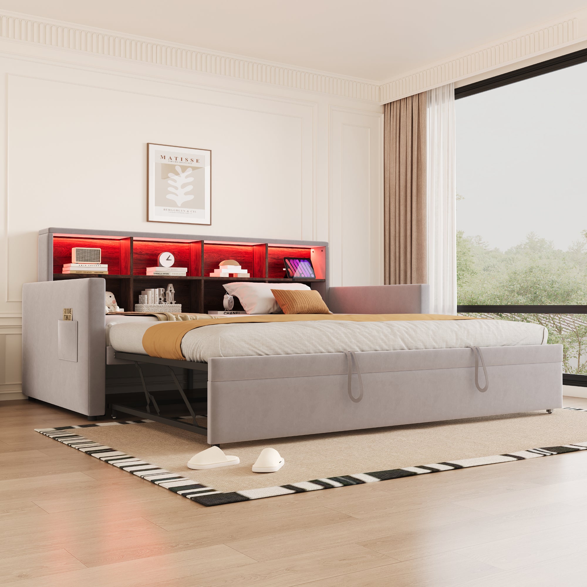 Rozkładana sofa z poduszkami 90x190cm - z oświetleniem LED - z gniazdem ładowania - z wysuwane łóżko - tkanina welurowa - Jasnoszary - 3