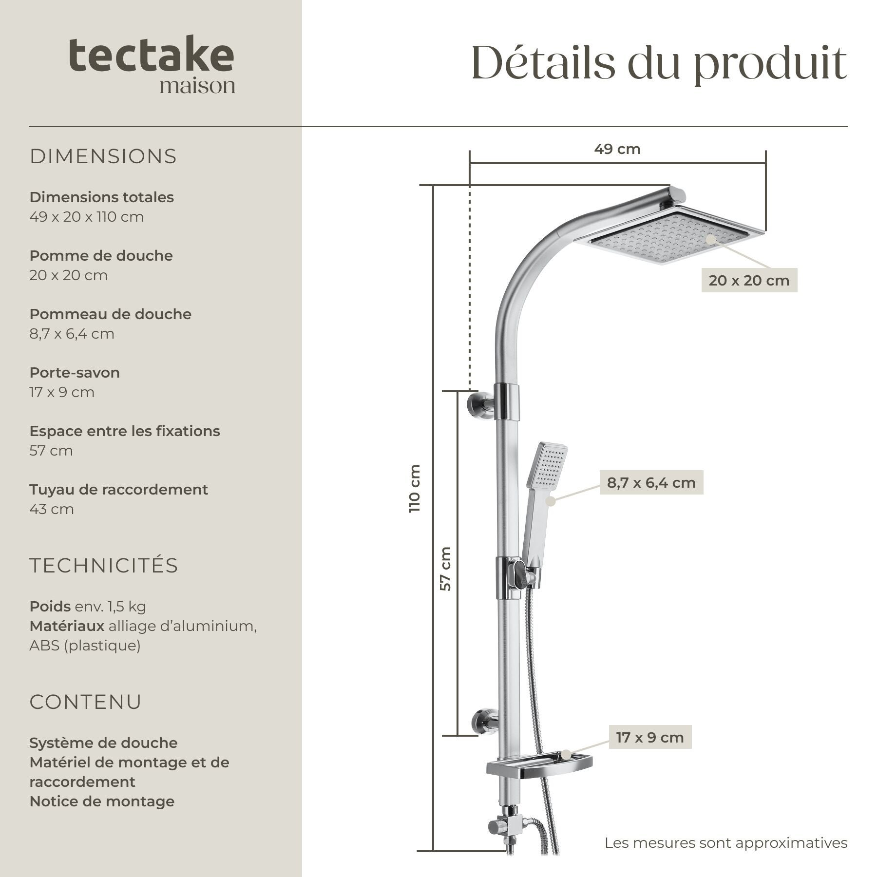 Colonne de douche à effet pluie en alliage en aluminium avec porte savon TECTAKE - 6