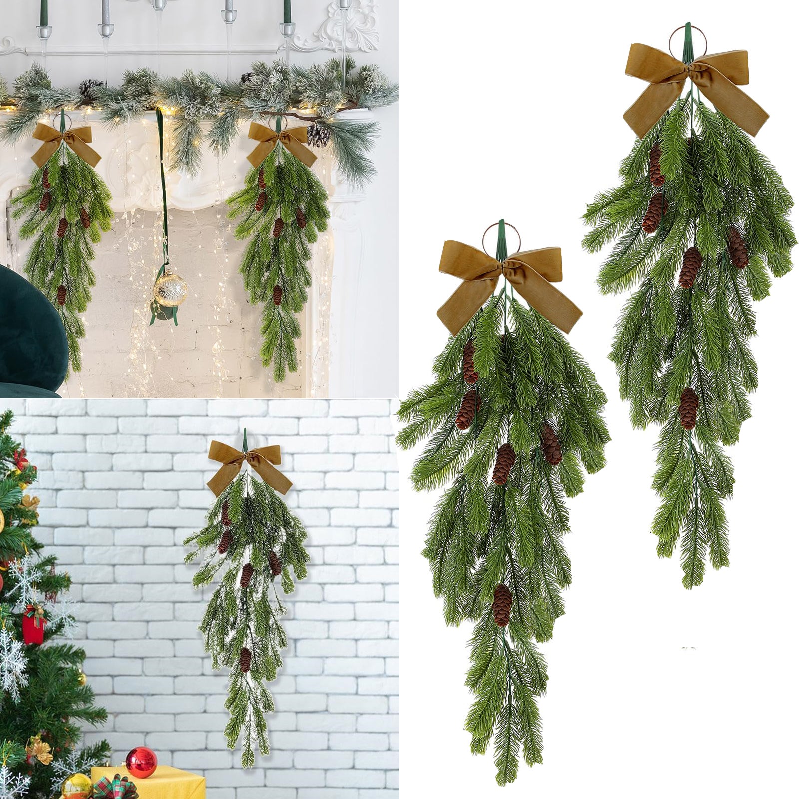 Zestaw 2 świątecznych łezek/stroików w kształcie kropli o długości 70 cm z khaki kokardą, sztuczny świąteczny wieniec, dekoracja świąteczna