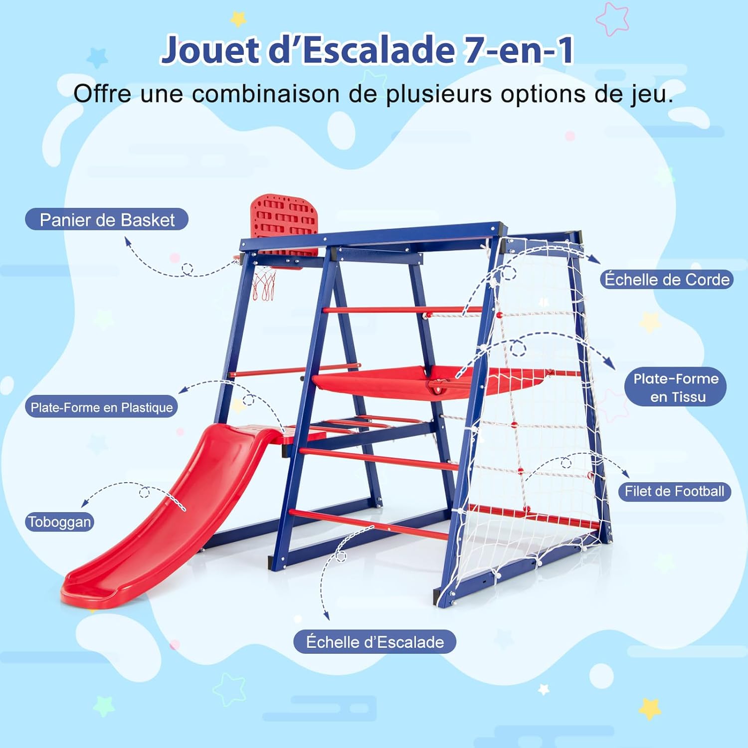 7 en 1 Aire de Jeux d’Escalade Enfant avec Toboggan & Panier de Basketball, Jouet d’Escalade Montessori avec 2 Plateforme - 2