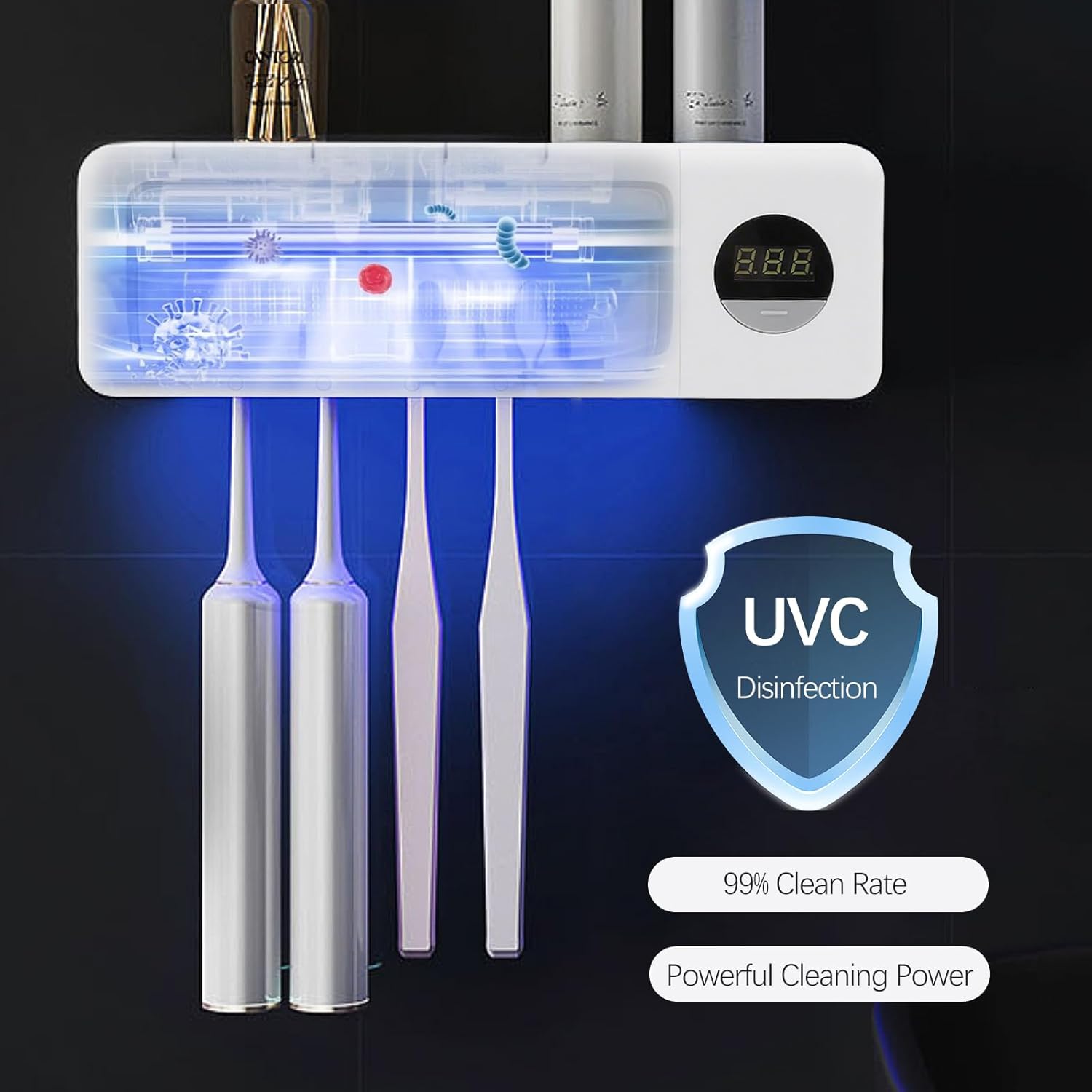 Brosse à Dents e UV, Support de Brosse à Dents Mural avec Fonction Stérilisateur, 6 Emplacements pour Brosse - 3