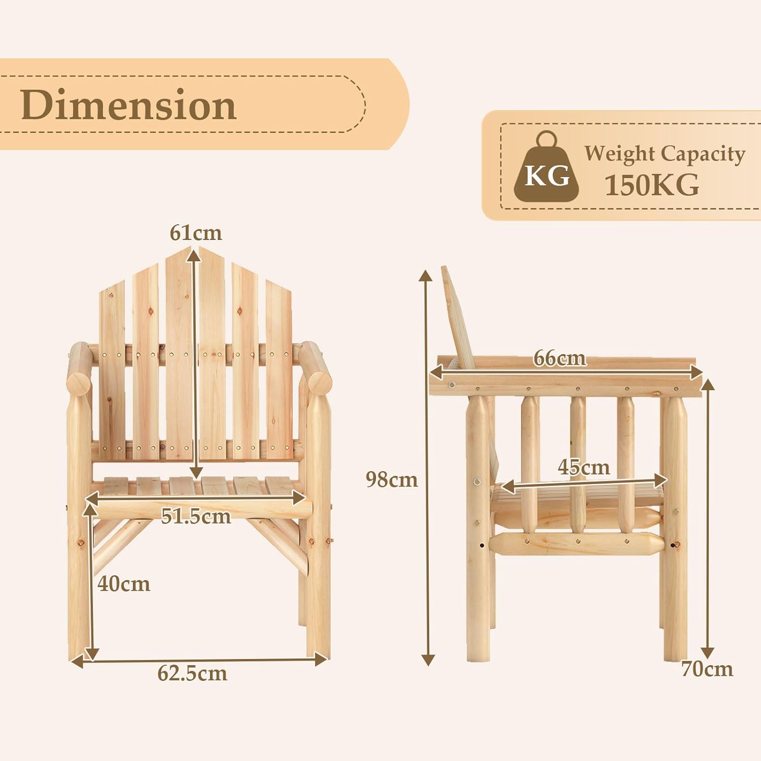 Fotel Adirondack z Drewna, Krzesło Ogrodowe Adirondack z Podłokietnikami i Wysokim, Pochylonym Oparciem, Nośność 150 kg, 66 x 62,5 x 98 cm (Naturalny) - 2