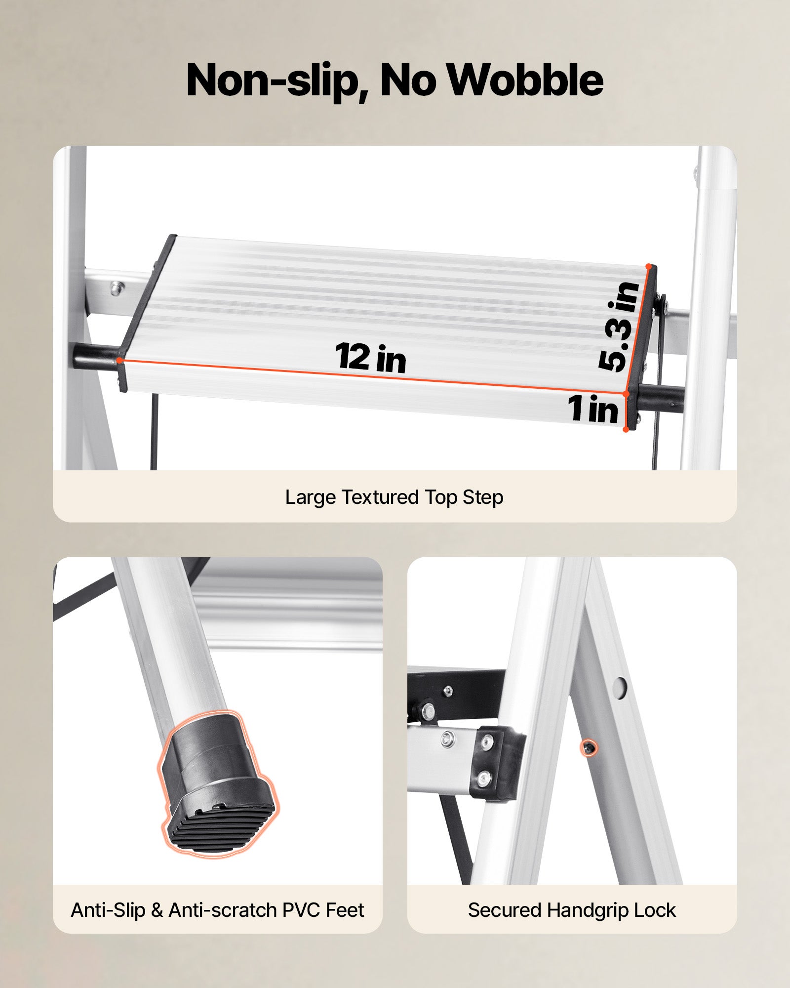 Escabeau Pliant VEVOR 3 Marches Marchepied Pliable Charge 150 kg Alliage d'Aluminium, Larges Marches Antidérapantes, Plateau à Outils, Argenté - 3