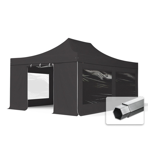 4x6m gazebo pieghevole PVC ignifugo con 4 laterali (finestre panoramiche), PROFESSIONAL alluminio, nero