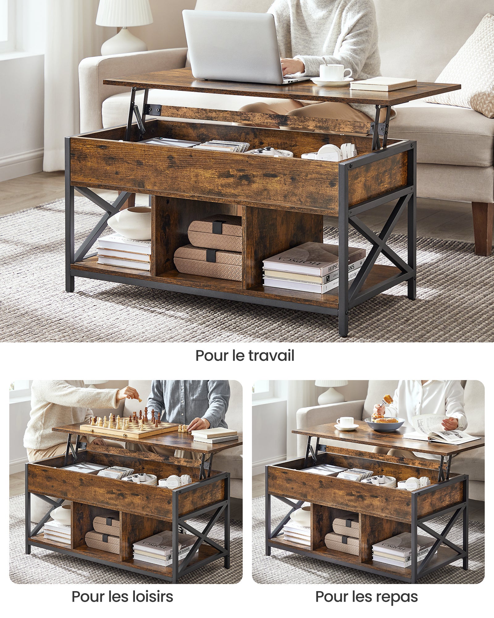 Table Basse, Relevable, Table Basse avec Rangement Caché et Compartiments Ouverts, Cadre en Acier, 50 x 100 x (46,5-62) cm, Marron Rustique et Noir - 7