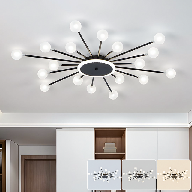 Lampa sufitowa LED, nowoczesna lampa Sputnik, energooszczędny żyrandol LED z 18 żarówkami i szklanymi kloszami, 3 temperatury barwowe, 95 cm