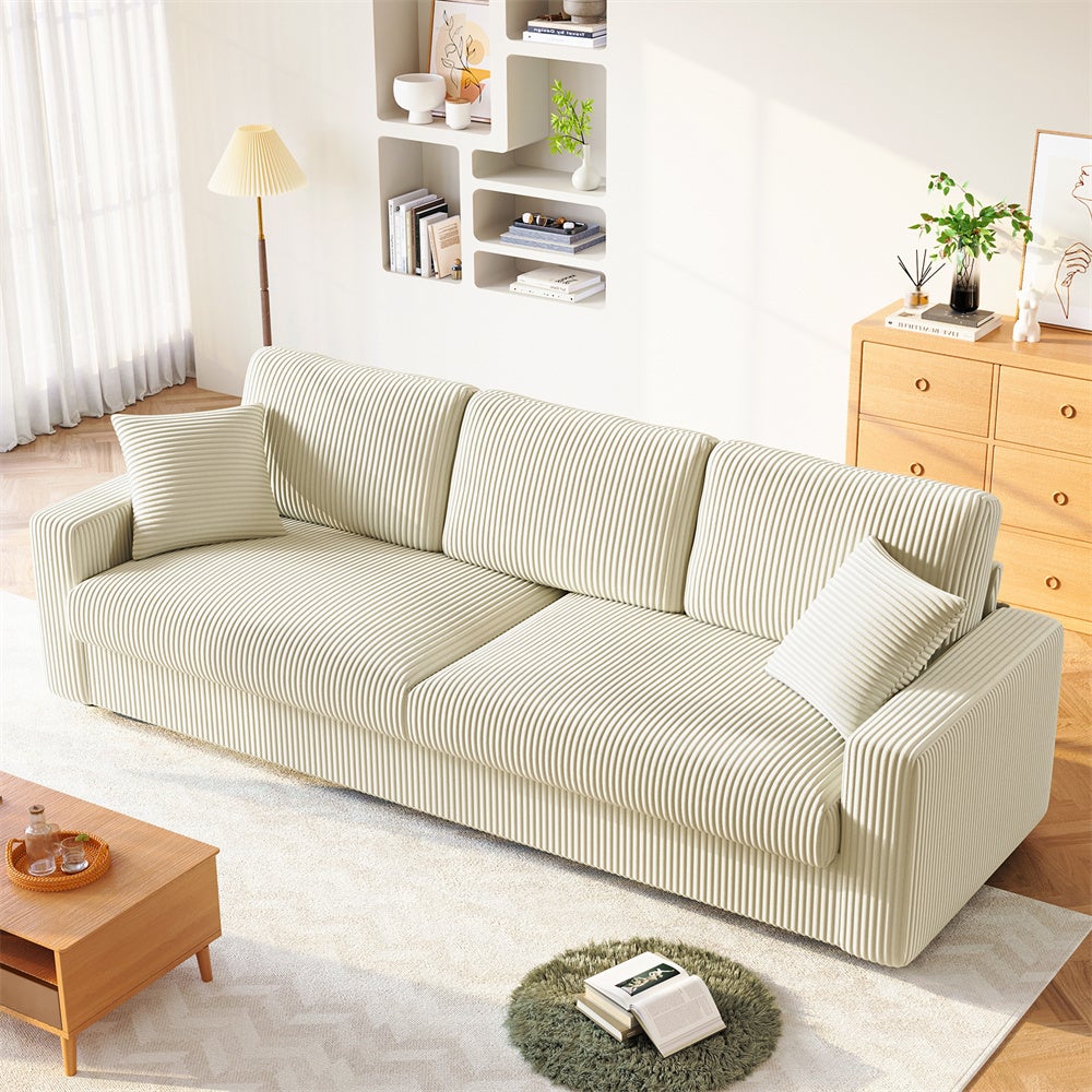 Grand Canapé 3/4 Places en Velours Côtelé Beige avec 2 accoudoirs et Oreillers,Canapé Moderne pour salon,254×89×88cm - 2