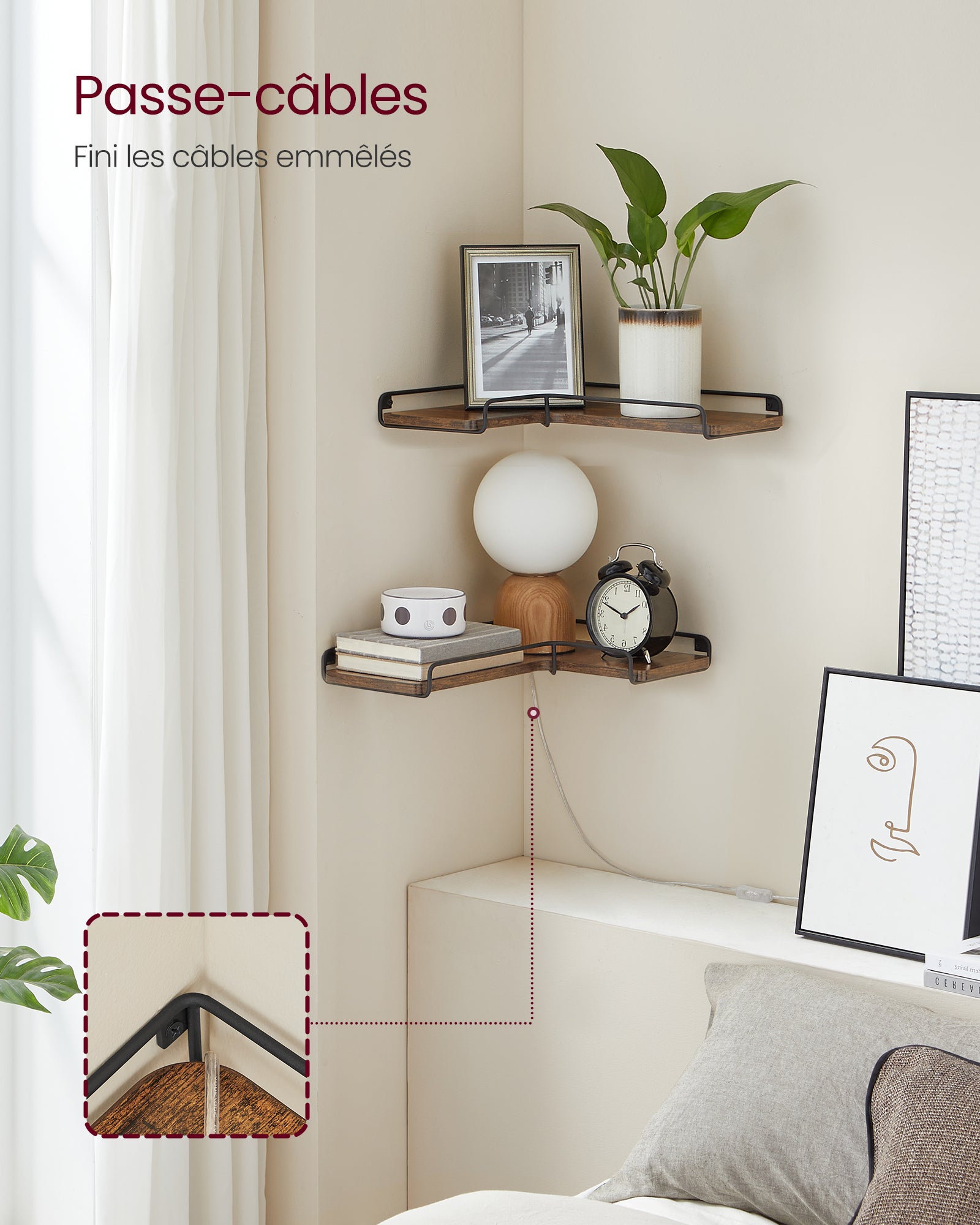 Étagère d’Angle en Forme de L, Lot de 2, Étagère Suspendue, Style Industriel, Marron Rustique et Noir - 3