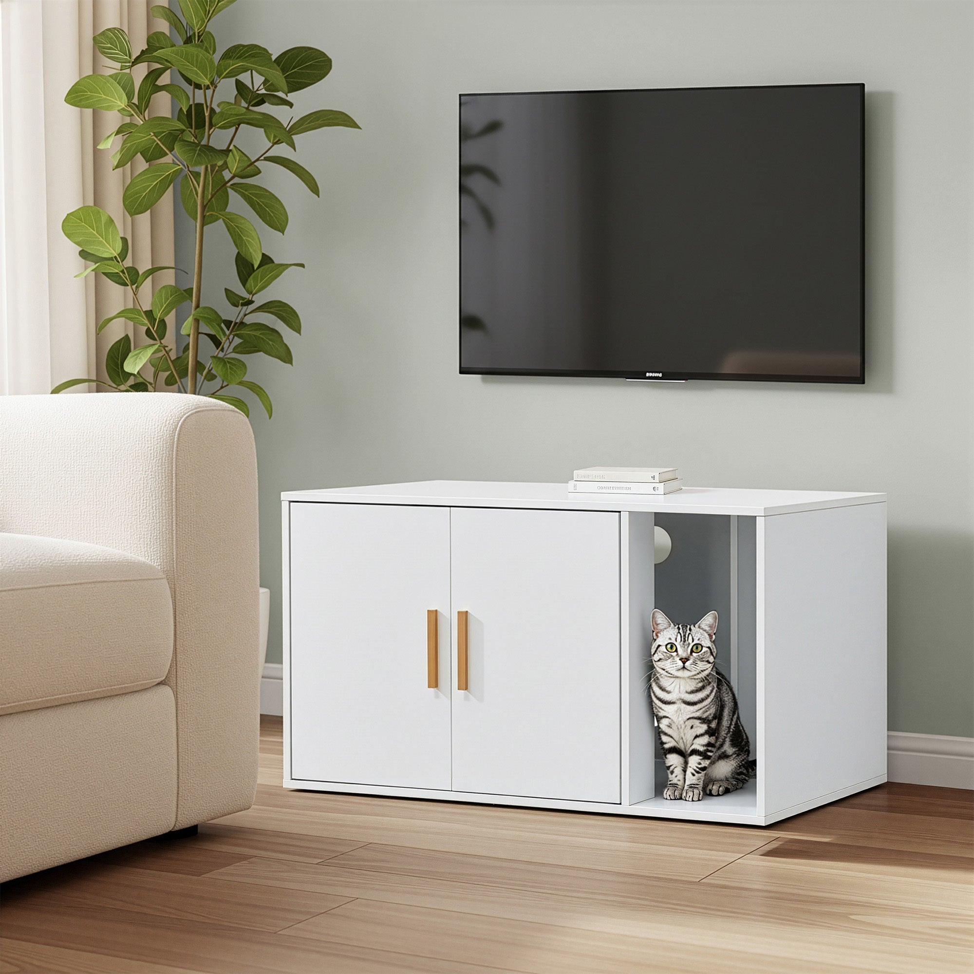 Maison pour Chat à Double Porte, Armoire Cache-Litière, Table d’Appoint, Entrée Frontale, 80 x 50 x 45 cm, Blanc - 3
