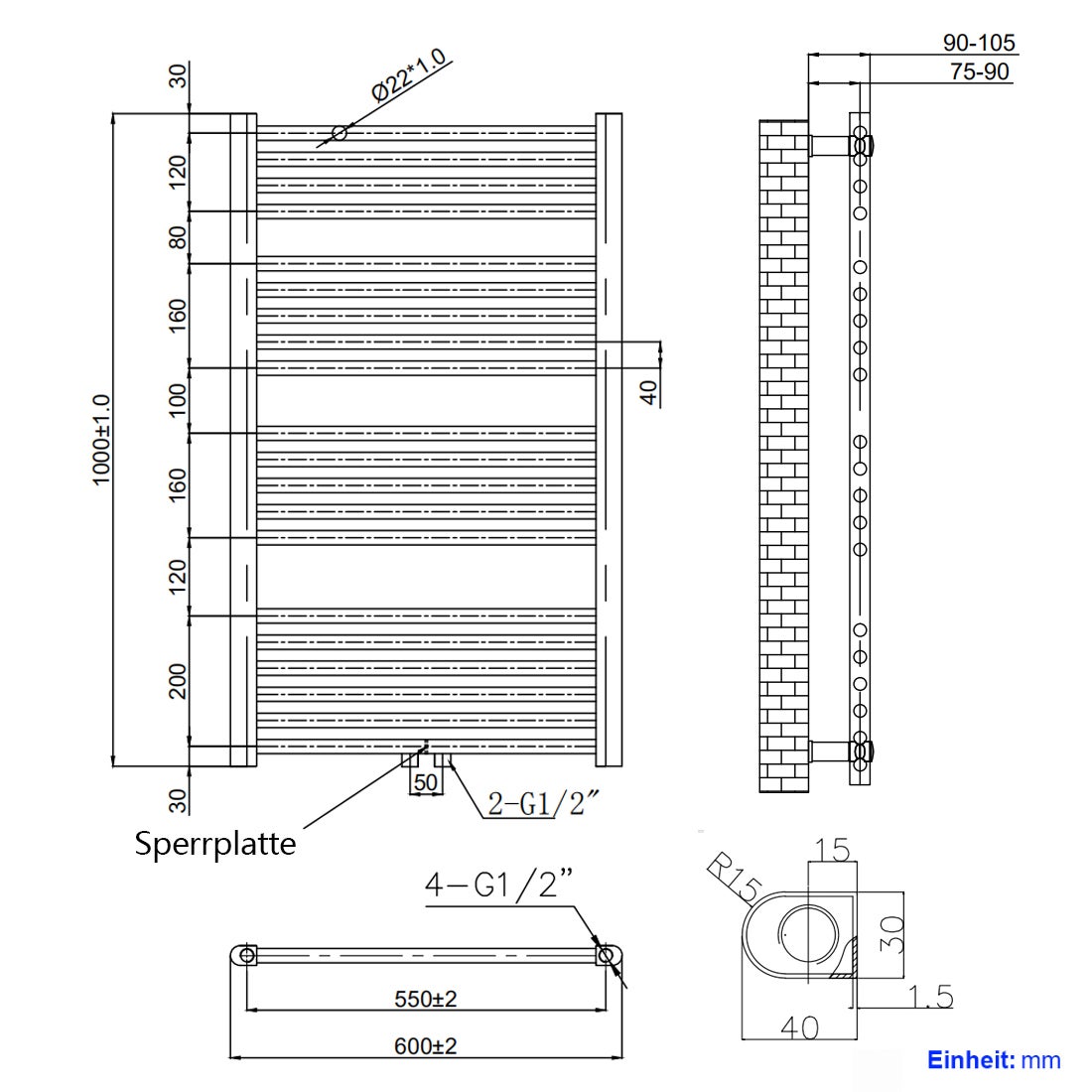 Heilmetz Sèche-serviettes eau chaude 100x60cm Blanc – Radiateur mural tubulaire droit, 498W pour chauffage central - 8