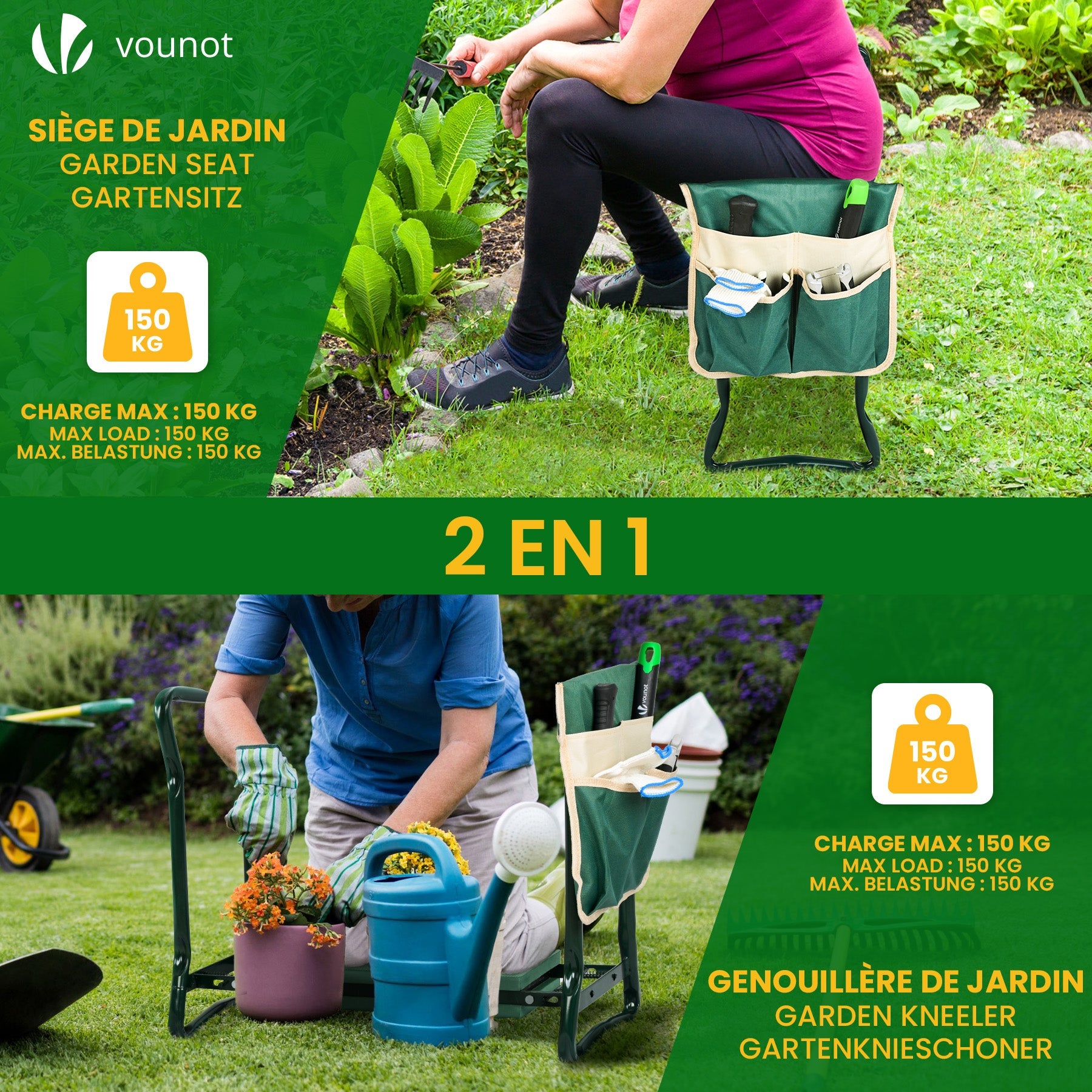 Agenouilloir tabouret de jardin 2 en 1 pliable - Banc de jardinage avec pochette de rangement et coussin EVA vert - VOUNOT® - 2
