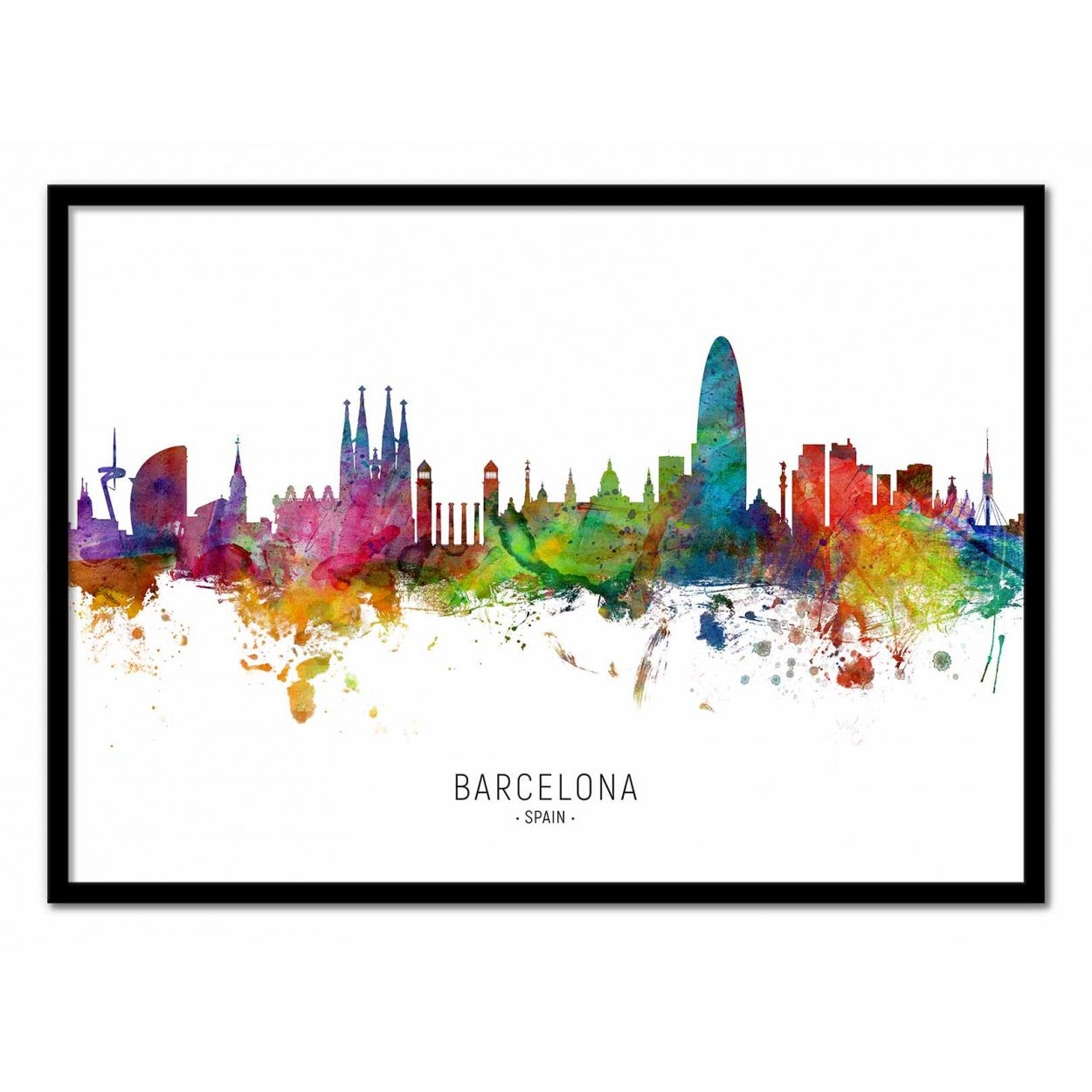 Art-poster - barcelona spain skyline (colored version) - michael tompsett - con marco negro 30 x 40 cm