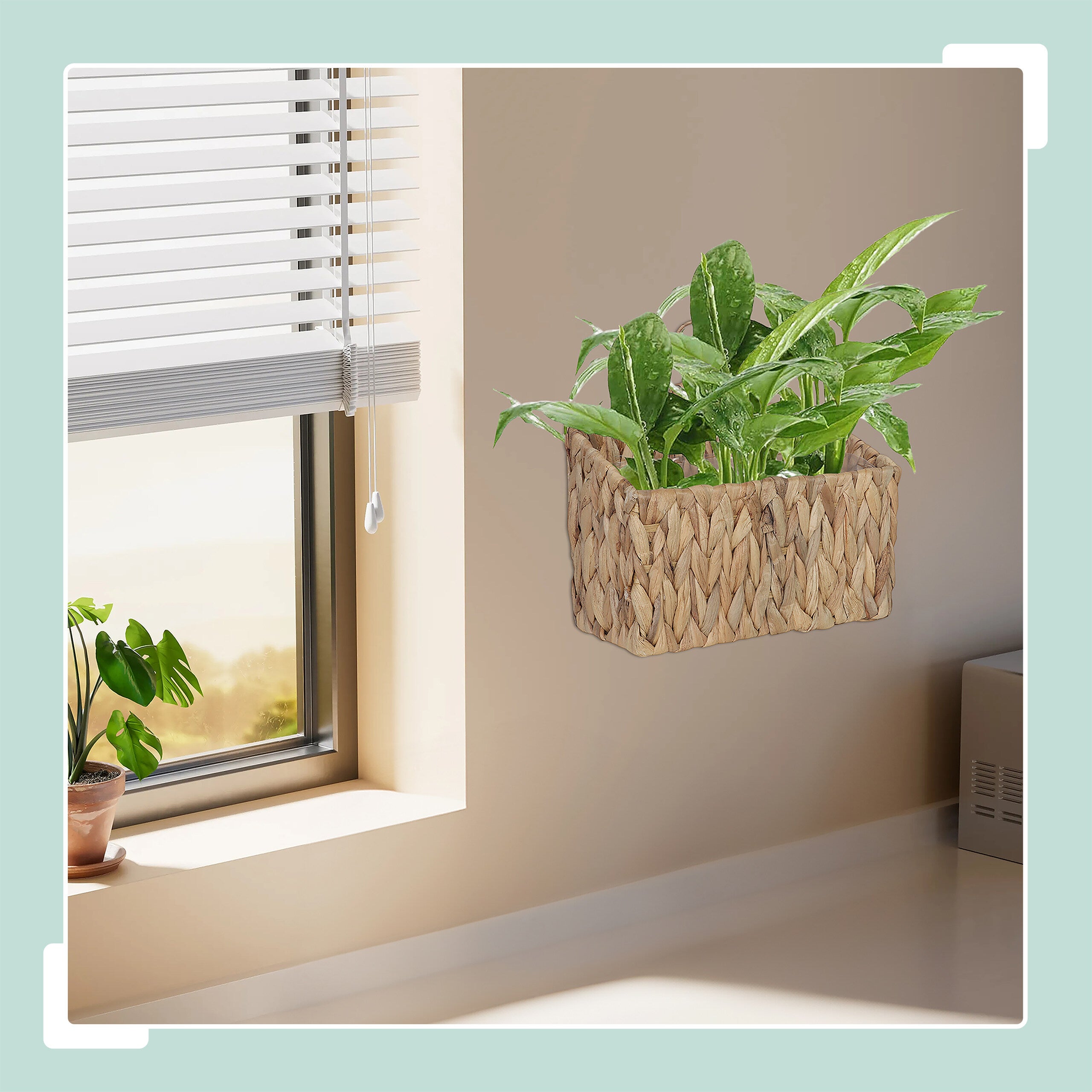 Panier suspendu tressé en jacinthe d'eau pour plantes, 29x28x15 cm, avec film et anneau, naturel, relaxdays - 2
