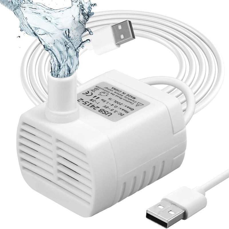 Pompa akwariowa USB 200 l/h 3 W, ultracicha, do stawu, fontanny, akwarium, przewód zasilający 1,5 m, biały