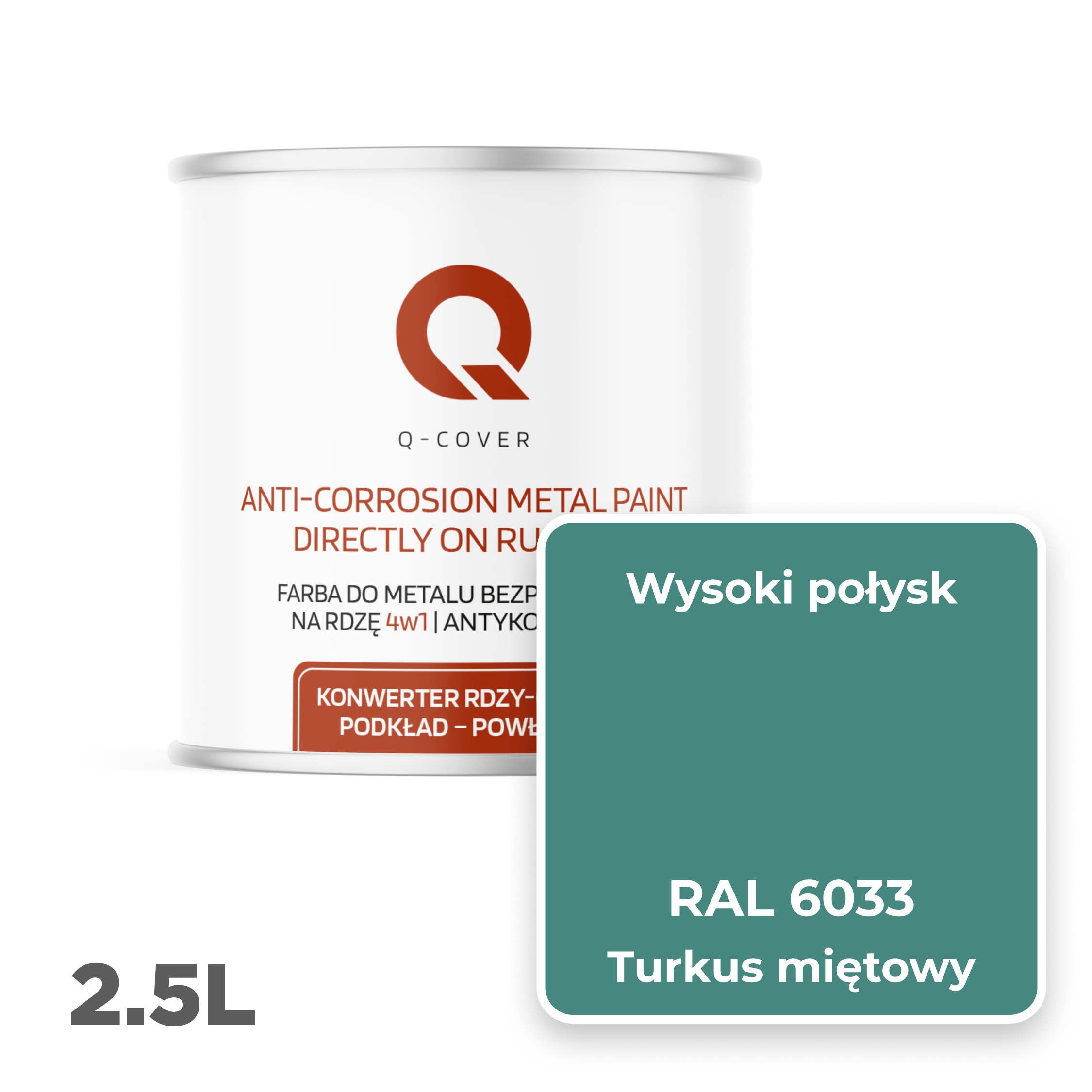 Farba do Metalu Prosto na Rdzę 4w1 Q-Cover Turkus miętowy RAL6033 Wysoki Połysk 2.5L - 2