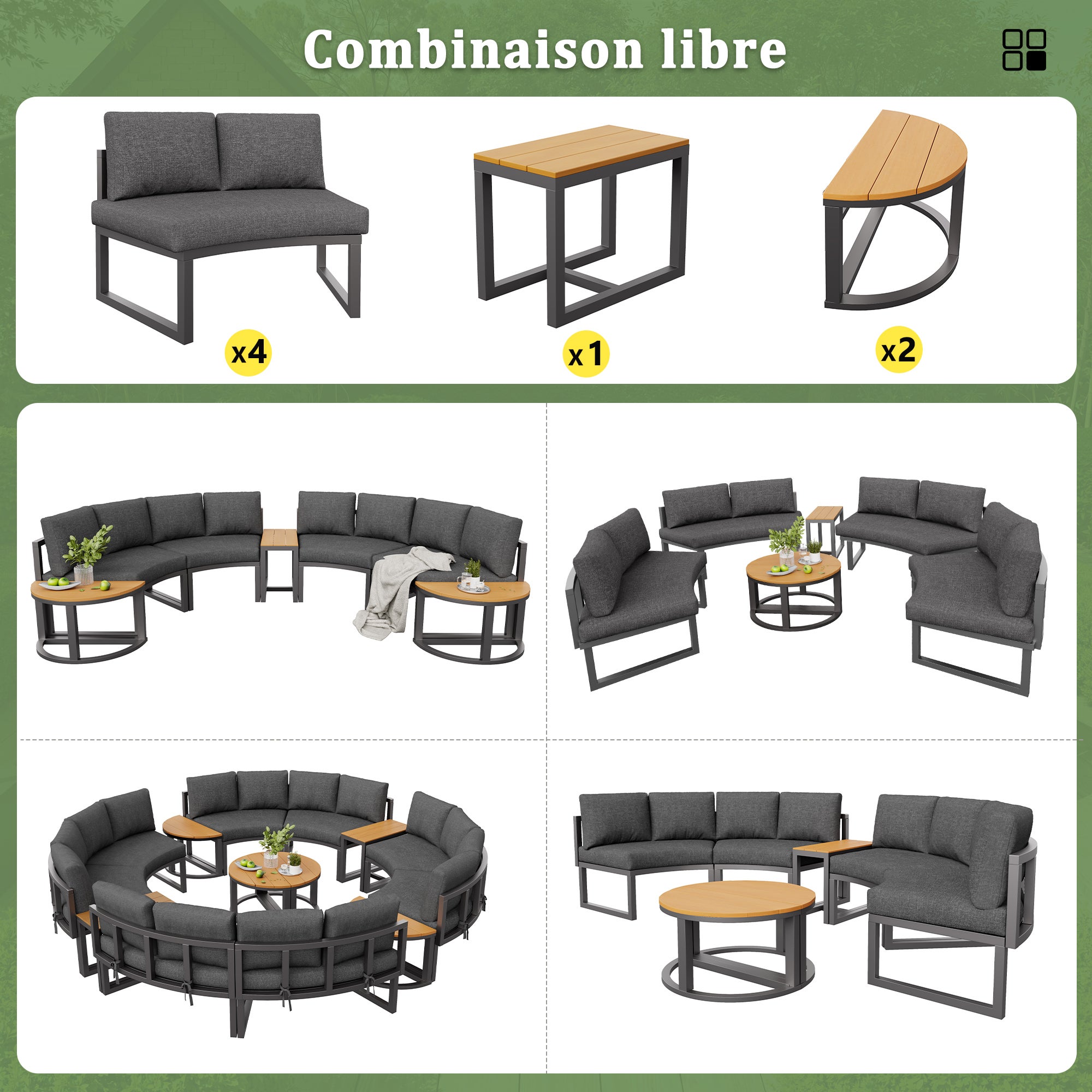 Salon de Jardin Exterieur pour 8 à 12 Personnes, Ensemble de chaises longues de jardin avec coussins et oreillers, Canapé Rond Gris - 6