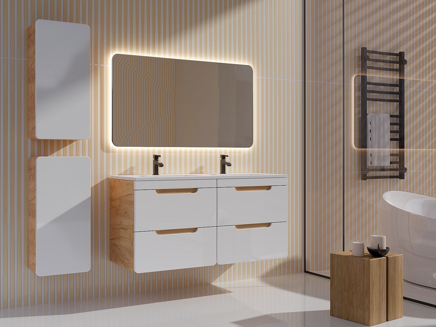 Szafka łazienkowa wisząca z umywalką wpuszczaną w blat i dwoma słupkami - 120 cm - Naturalny i biały - ARUBA