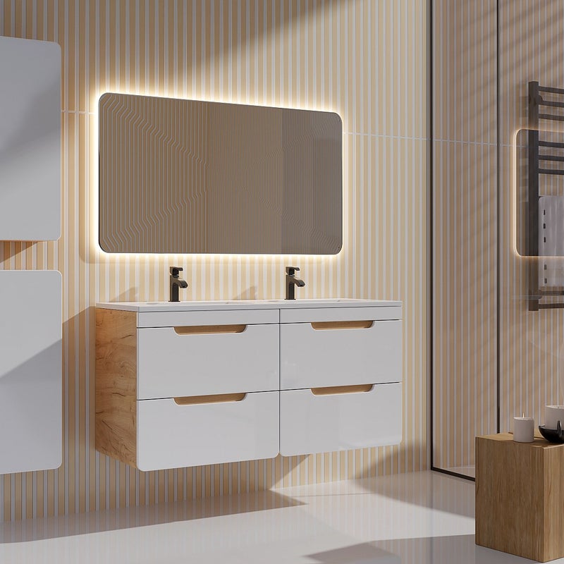 Szafka łazienkowa wisząca z umywalką wpuszczaną w blat i dwoma słupkami - 120 cm - Naturalny i biały - ARUBA