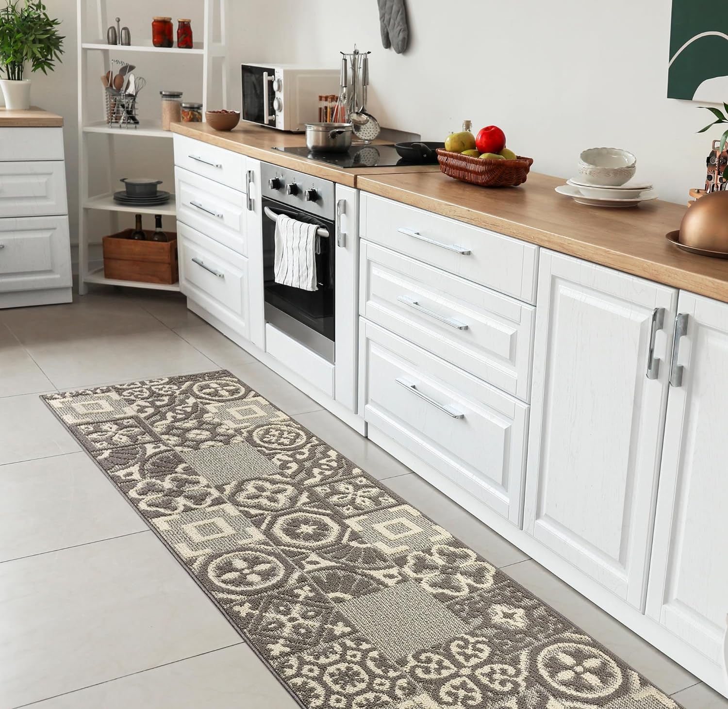 Tapis de Cuisine 50x75 cm Moderne Coureur Bordé Absorbant Antidérapant Lavable Maiolique 3D Beige - 6