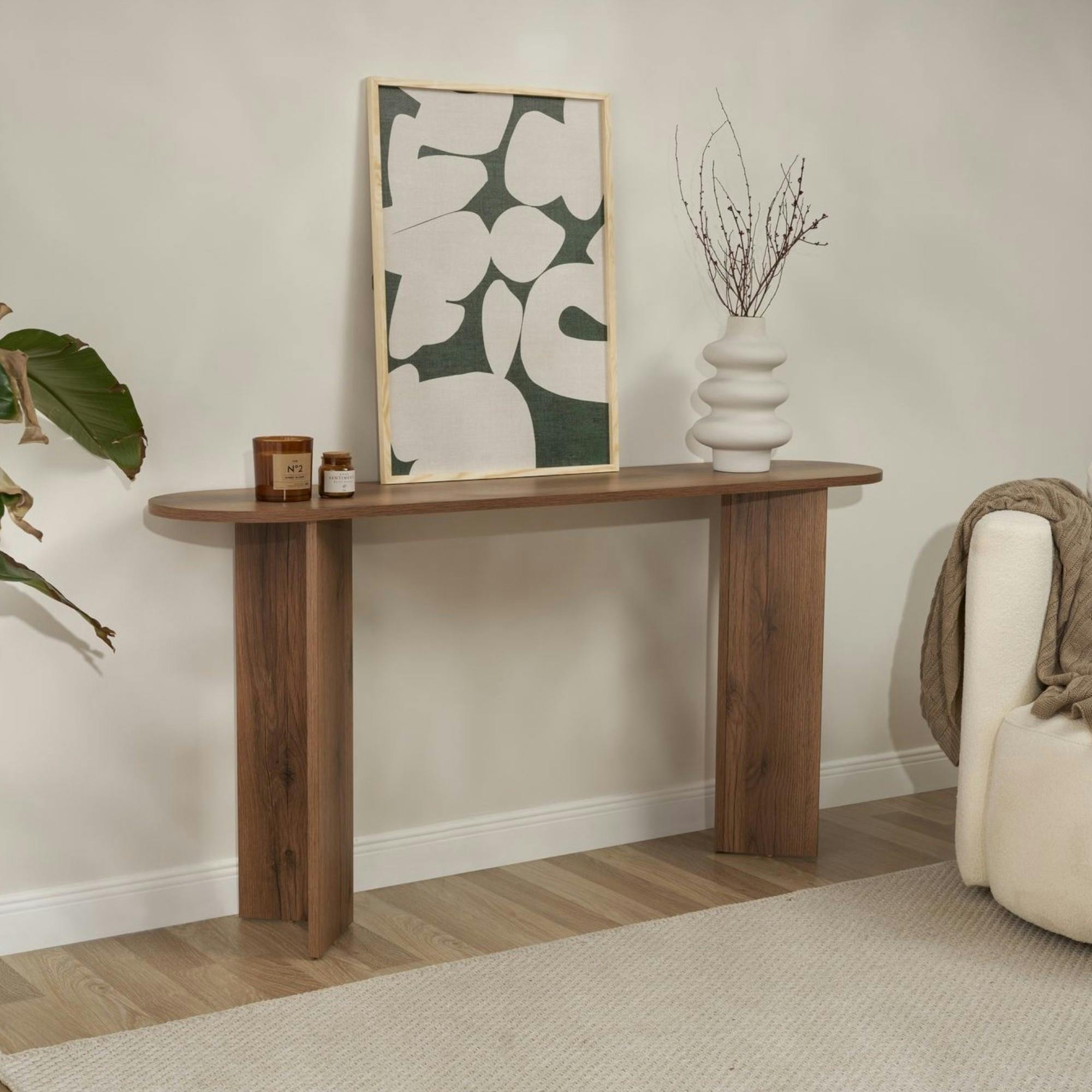 Console de salon ovale effet noyer clair - pieds en V MARFA - 4