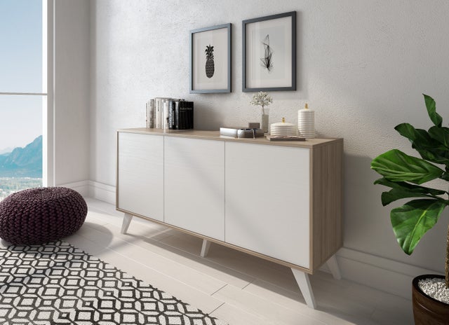 HLR Credenza Con 2 Ante In MDF - Armadio Decorativo Con Motivo In Rilievo E Maniglie A Diamante - Per Soggiorno, Cucina, Corridoio
