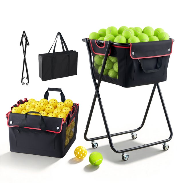 Panier a balles de tennis SucceBuy avec roulettes, capacite de 175 balles de tennis ou 290 balles pickleball, chariot pliable en acier pour ramassage