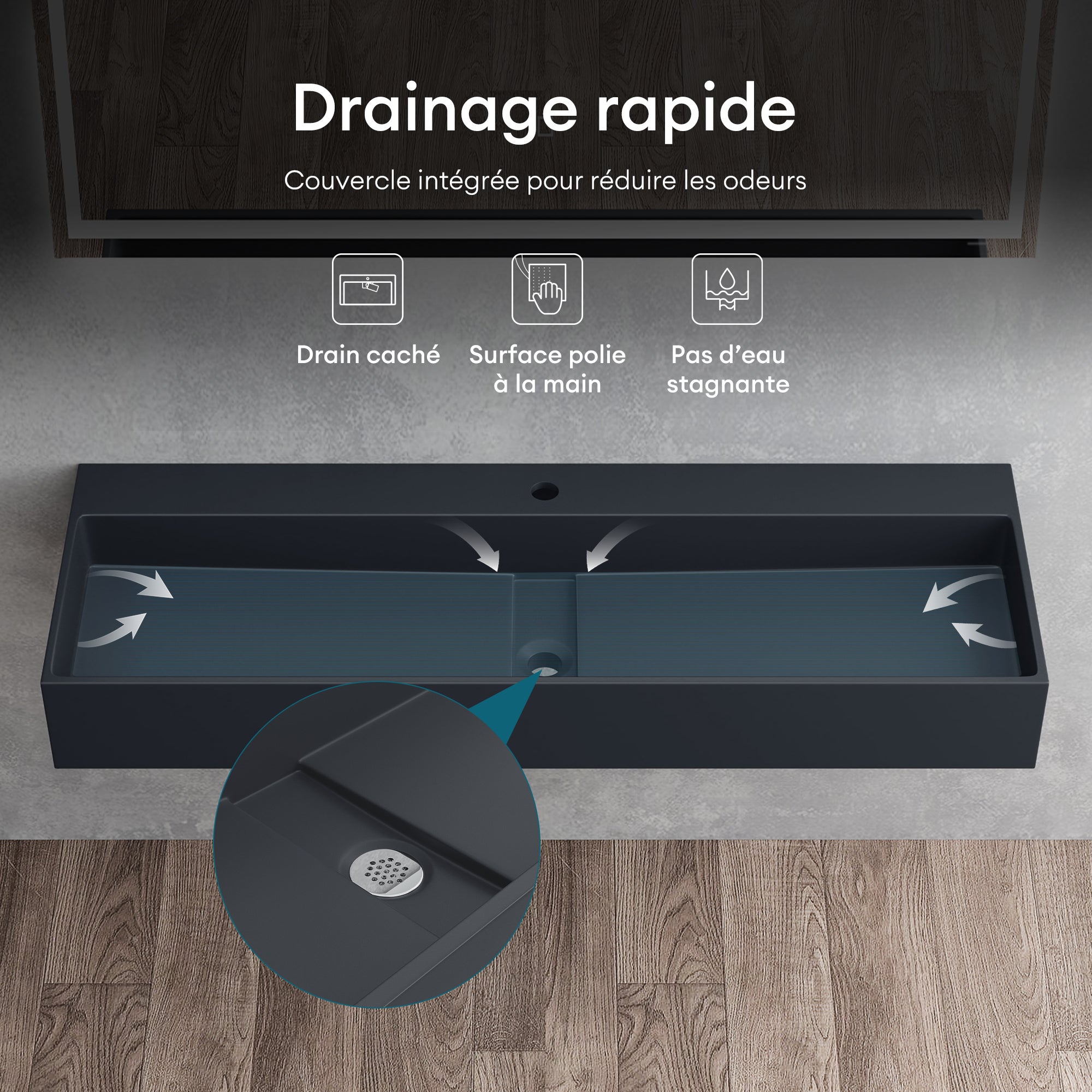 Mai & Mai Lavabo Suspendu Vasque à Poser Gris Noir Mat 100x40x14cm Évier Lave Mains Salle de Bain avec Cache Bonde Col6028 - 5