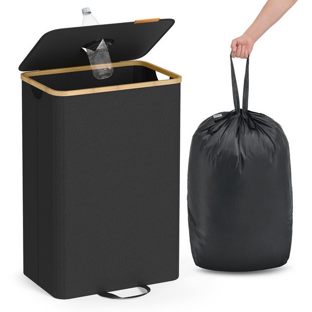 Poubelle de Recyclage pour Bouteilles et Canettes, 95 L, avec Trou, Couvercle, Sac avec Poignées, Cuisine, Noir d'Encre et Beige Naturel
