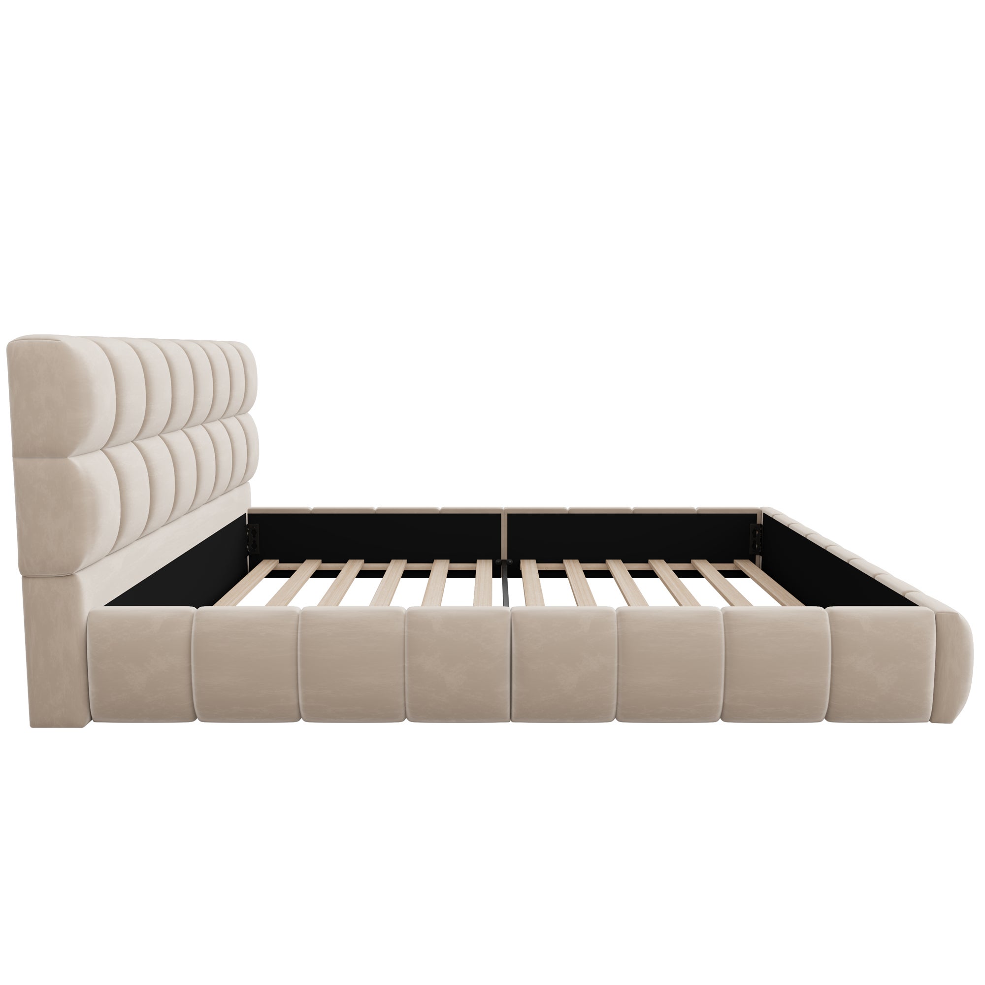 Lit double rembourré 140x190 cm, tête de lit rembourrée, cadre matelassé , pour jeunes et adultes, velours, beige - 4