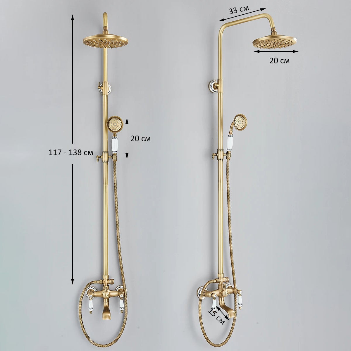 Colonna doccia in ottone anticato, set rubinetto doccia con portaoggetti, doccia a pioggia con doccetta e bocca per vasca, altezza regolabile - 4