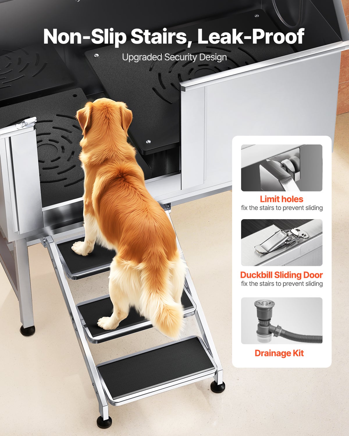 Banho para cães de aço inoxidável VEVOR, para animais de estimação Estação de lavagem para gatos de 127 cm, com escadas, painel de filtro de água - 3