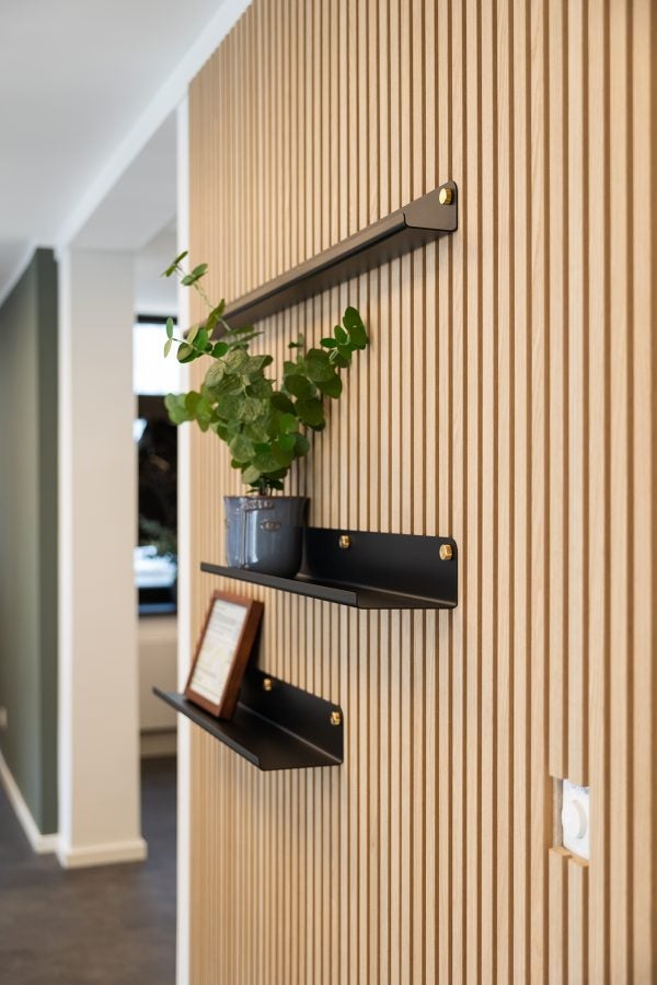 Panel palilleria alistonado Akupanel acústico,decorativo de 240x60cm,fieltro y listones MDF chapado madera natural Roble Clásico (fieltro beige) - 2