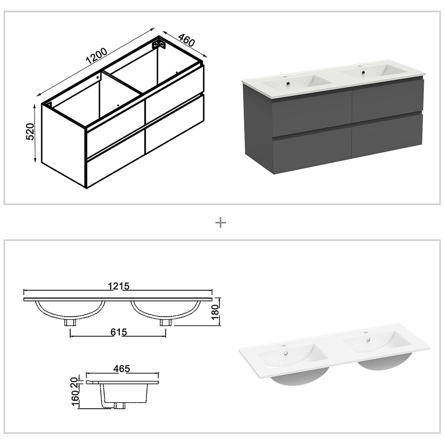 Ensemble meubles salle de bain 3pcs 120cm double vasque + miroir Anthracite, OCEAN - 4