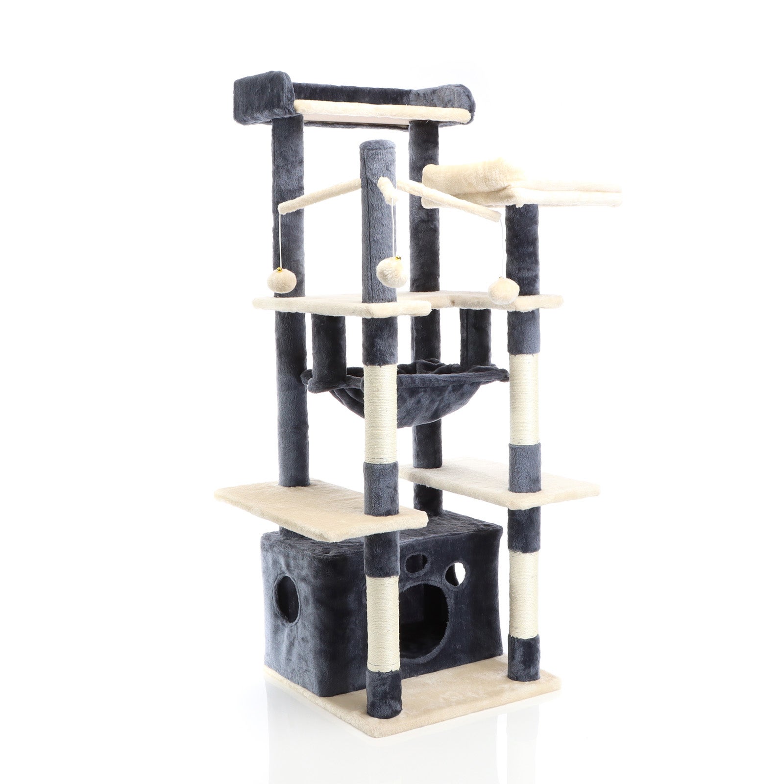 Albero Tiragraffi Per Gatti Fudajo 134 Cm - Grigio Scuro Con Casetta, Amaca E Palline Da Gioco