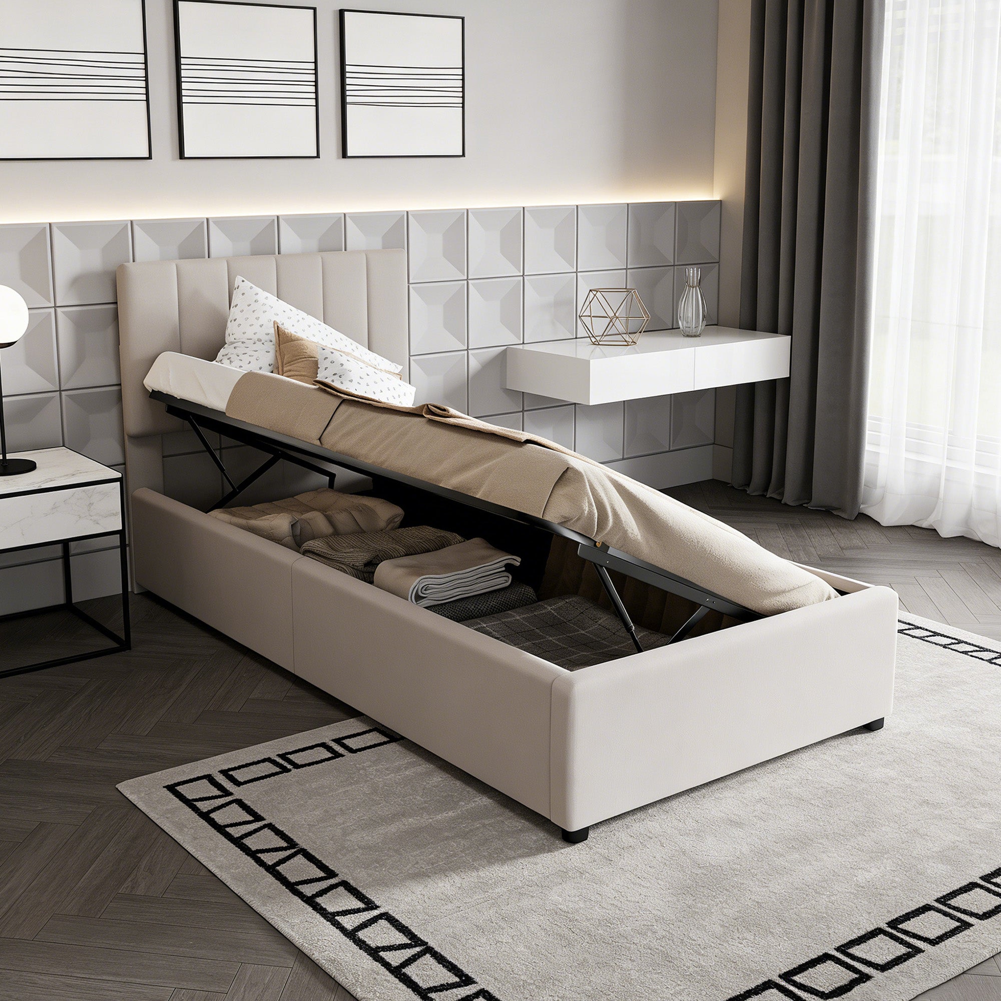 Lit Gigogne 90x200cm+90x190cm, Avec 3 Tiroirs, Avec Sommier à Lattes Et Tete De Lit Avec Plusieurs Rangements Blanc