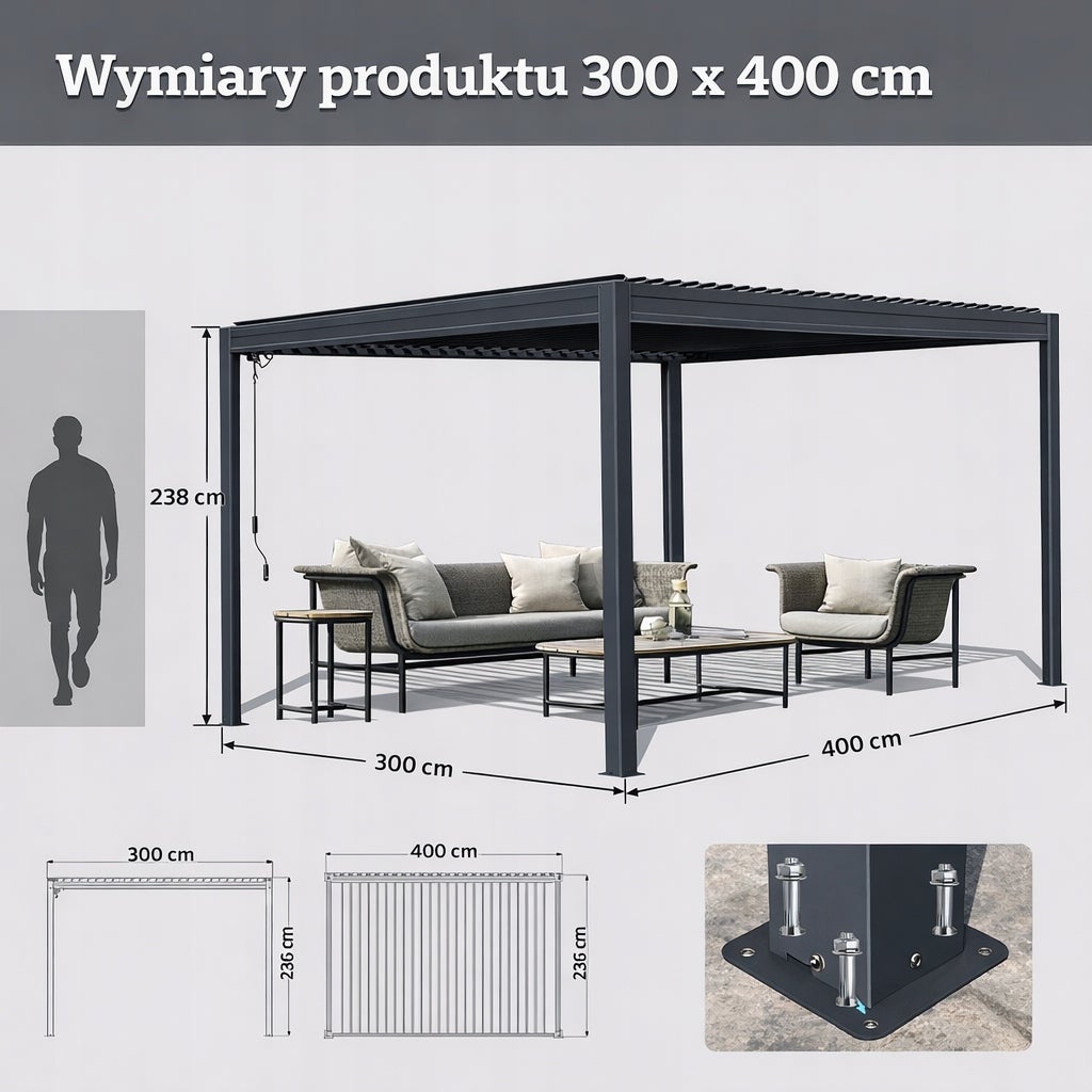 Pergola Altana Tarasowa Aluminiowa z otwieranym dachem Antracyt 3x4m - 3