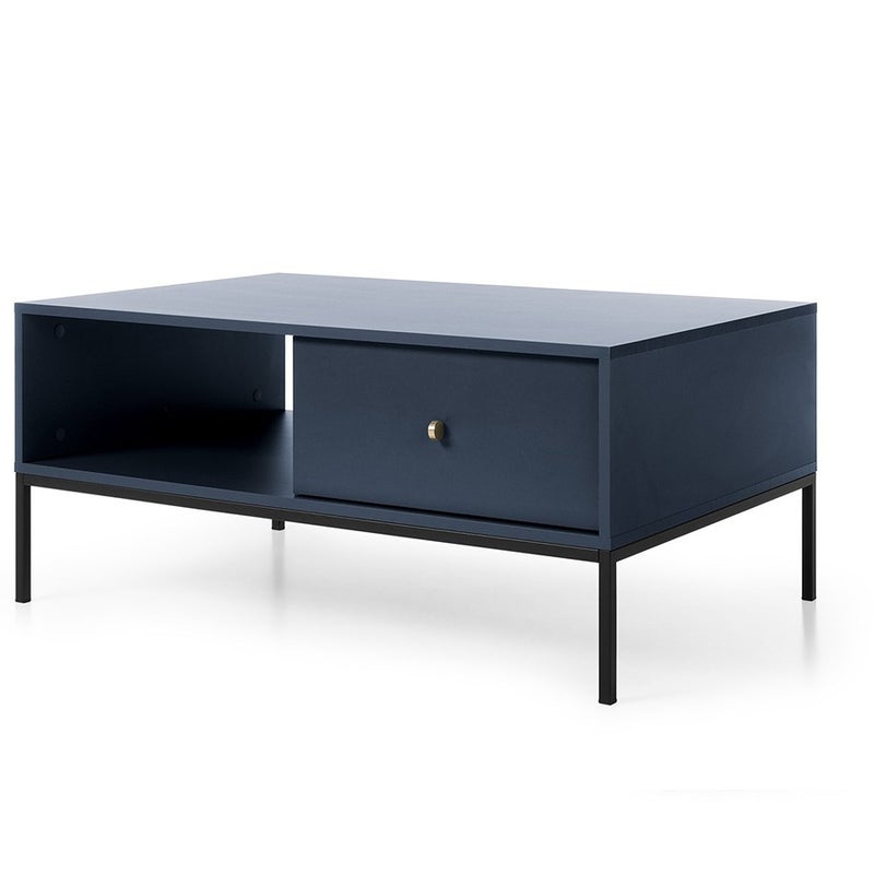 Stolik kawowy MOLLY 104 cm granatowy dwie szuflady czarny metalowy stelaż