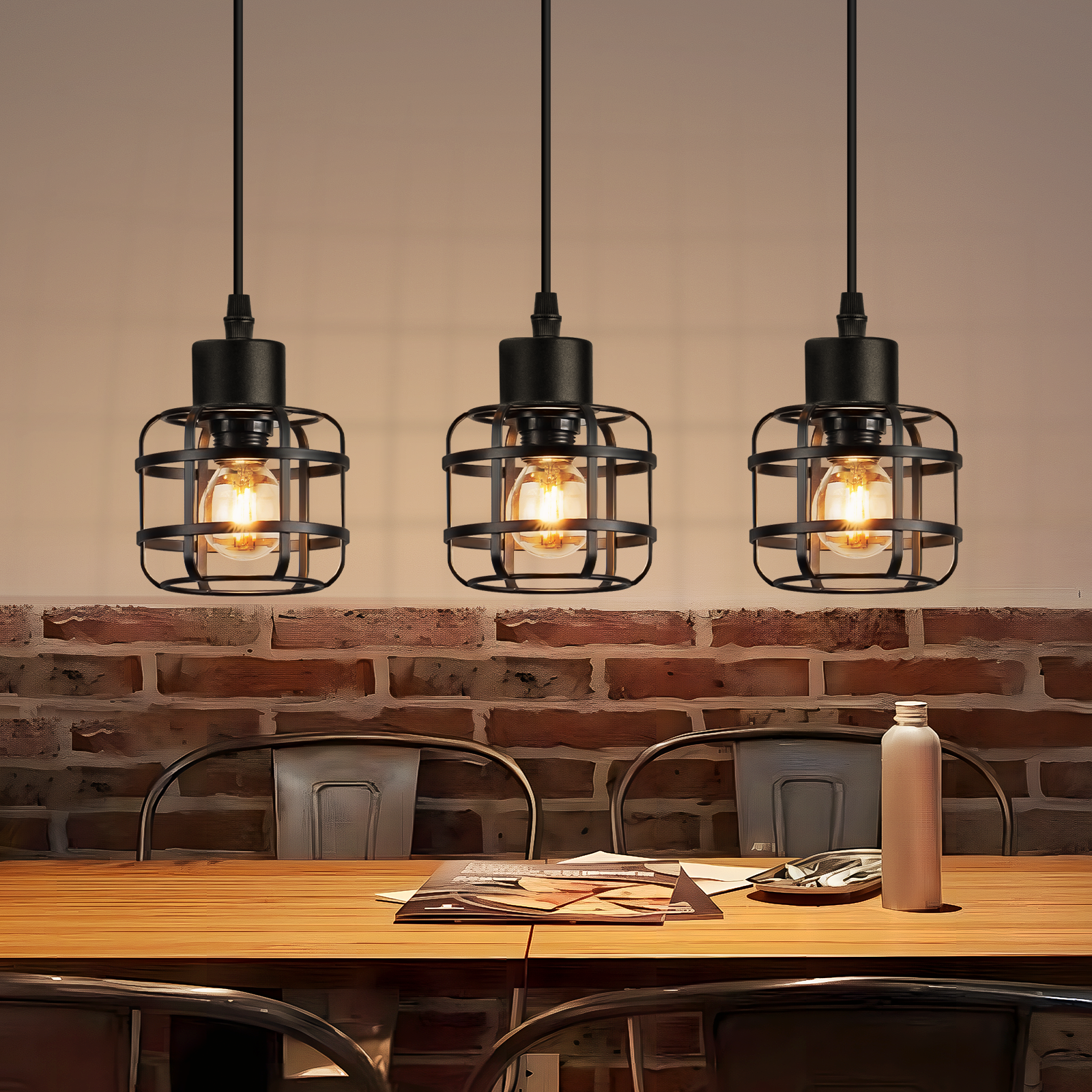 ZMH Lampa wisząca z metalu w stylu vintage, 3 żarówki, gniazdo E14, kolor czarny, regulowana wysokość, żarówka nie jest dołączona