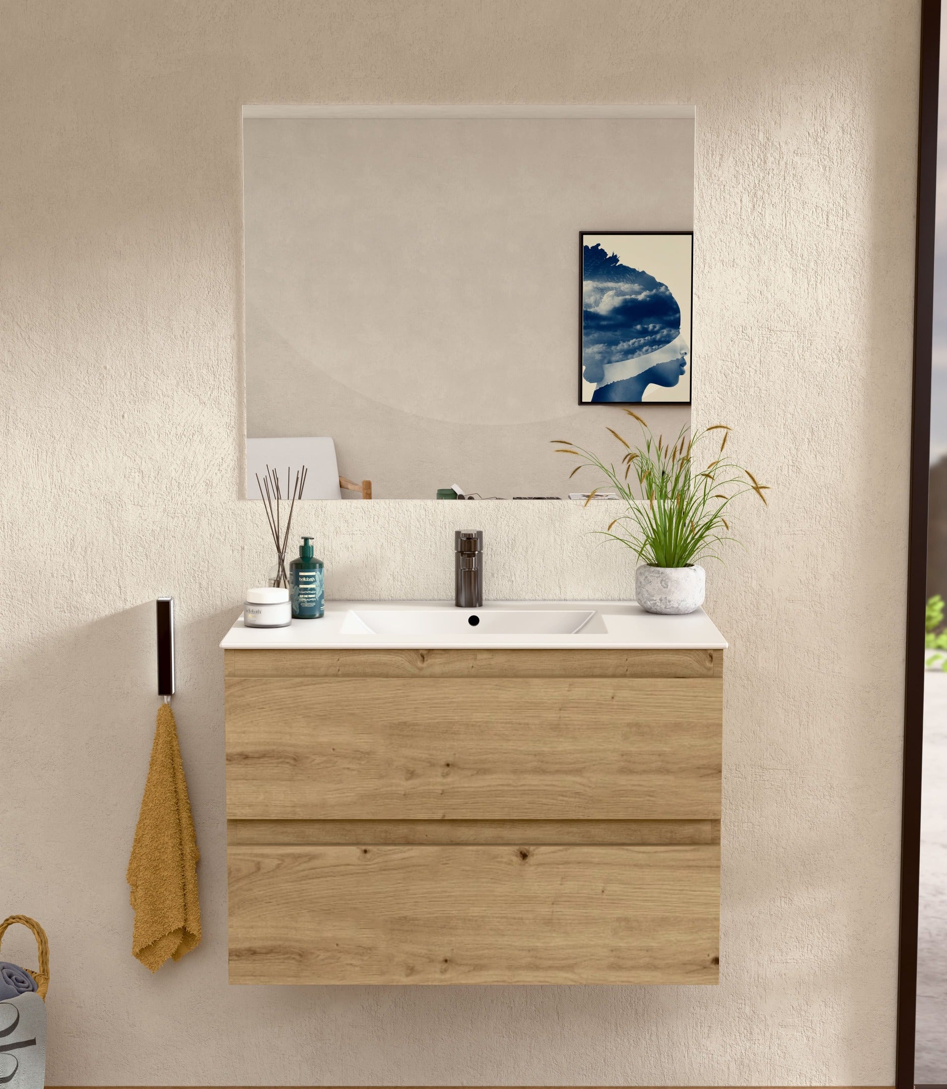 BELLOBATH - Móvel com Lavatório de Cerâmica e Espelho, Móvel com 2 Gavetas, 80 x 55 x 46 cm, Móvel Carvalho - 2