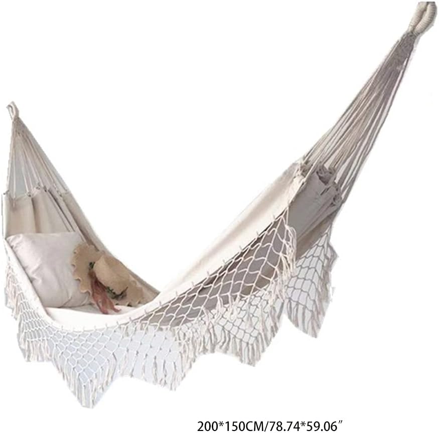 Rede de descanso dupla boémia em macramé com franjas em lona - Grande baloiço para pendurar - Para a praia, o pátio, o quarto, CINZENTO - 5
