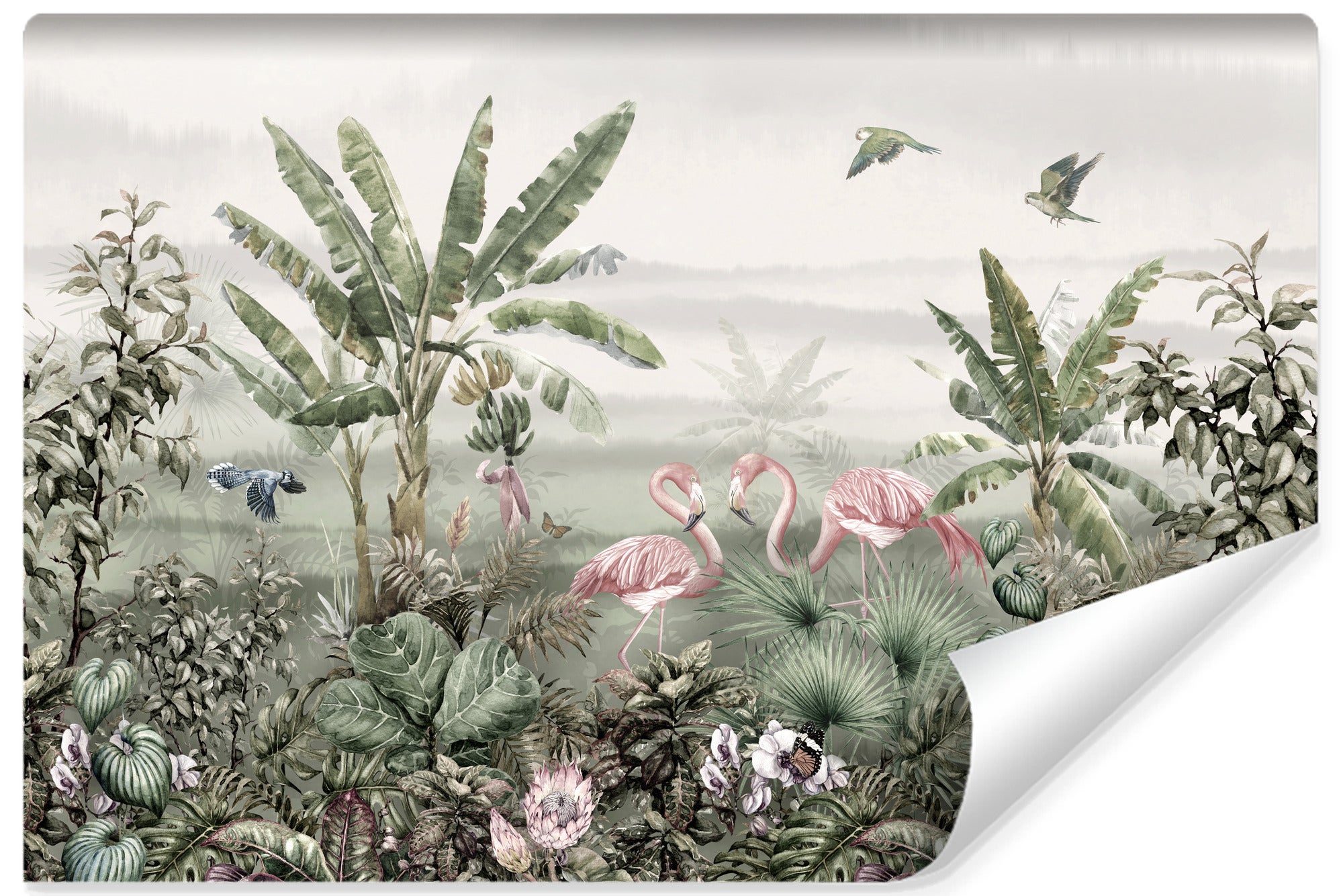 Papel pintado fotográfico no tejido plantas tropicales pájaros para salón 360cm x 240cm