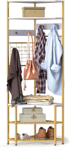 Perchero de Esquina, Perchero de Pie con Zapatero, 12 Ganchos y