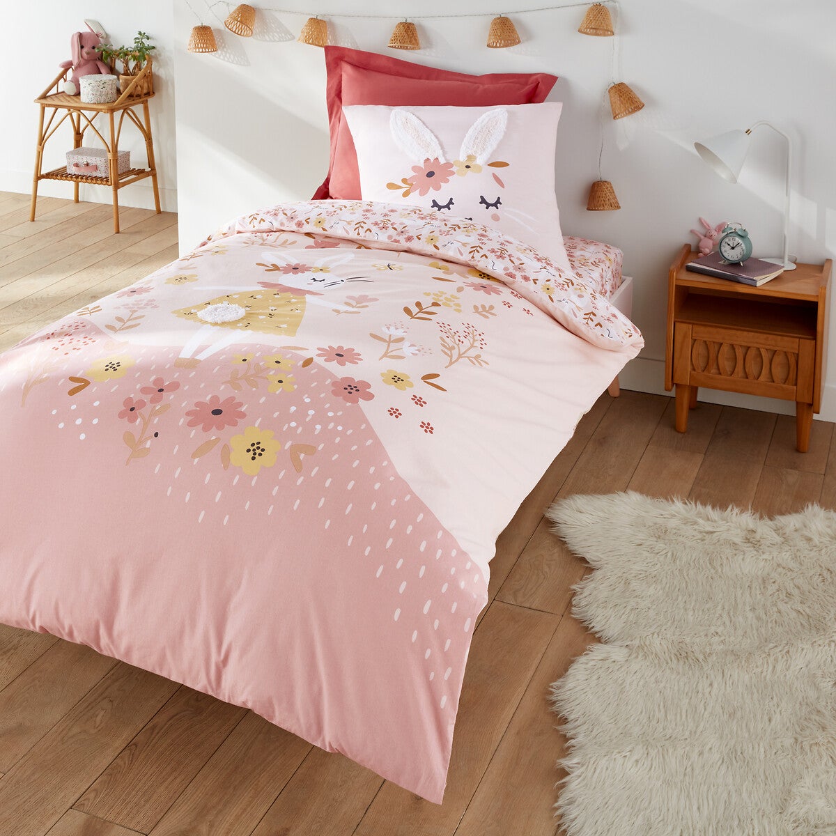 Drap-housse enfant coton biologique, Lapin fleuri - Imprimé rose - 90 x 190 cm - 2