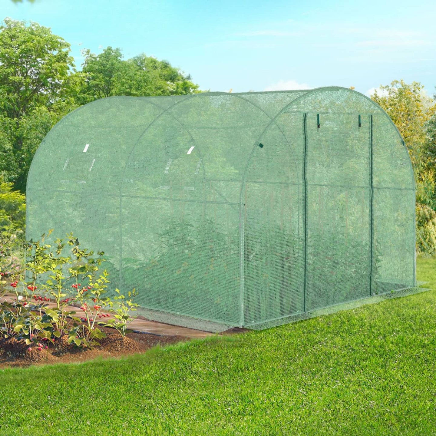Serre de jardin tunnel 6m² 3 x 2 x 2 m acier galvanisé + bâche anti-UV avec porte et fenêtres ROMA verte toutes saisons - 3