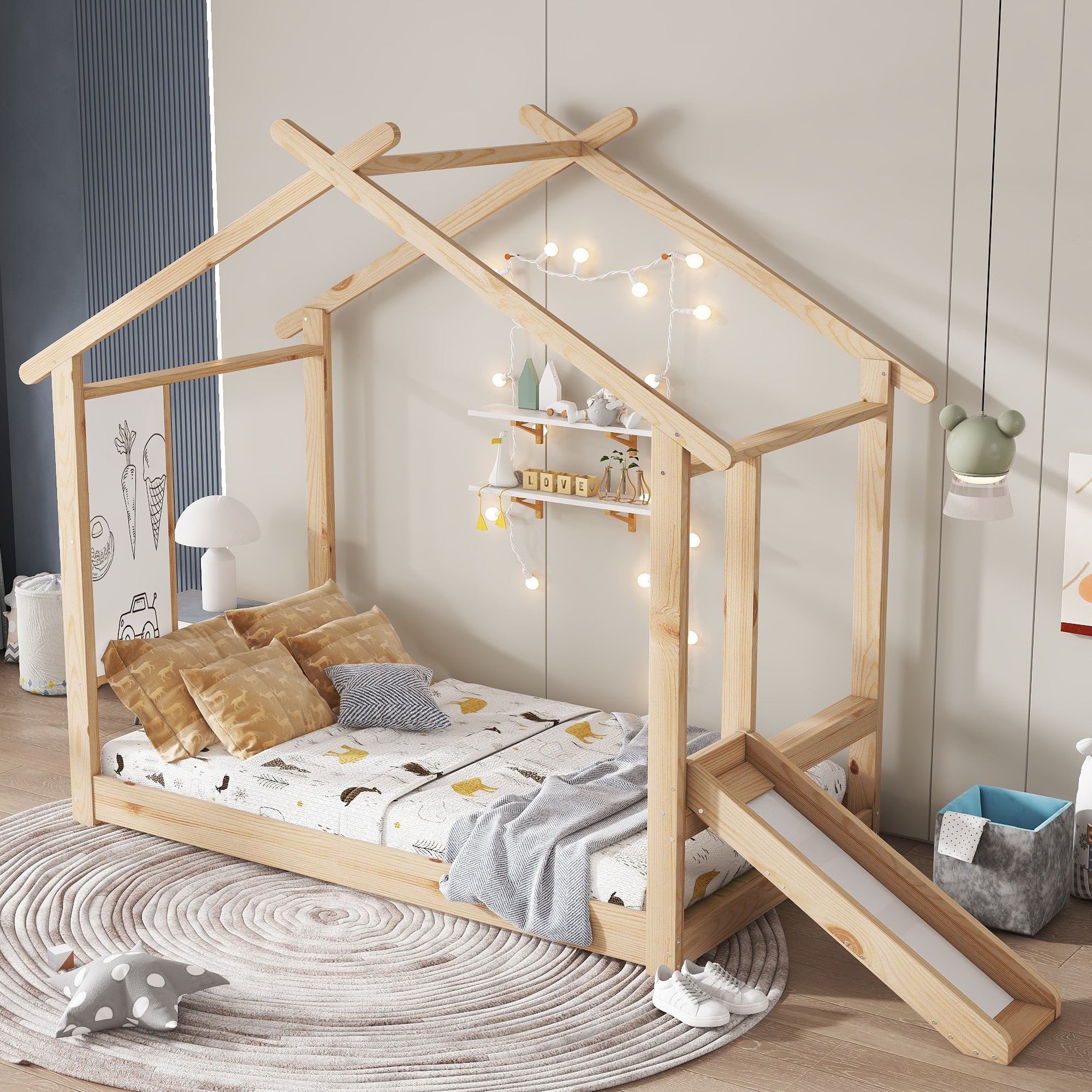 Lit Enfant 90x200 Cm Avec Toboggan Et Toit Cabane - Bois Naturel, Tableau Blanc Effaçable, Sommier Renforcé