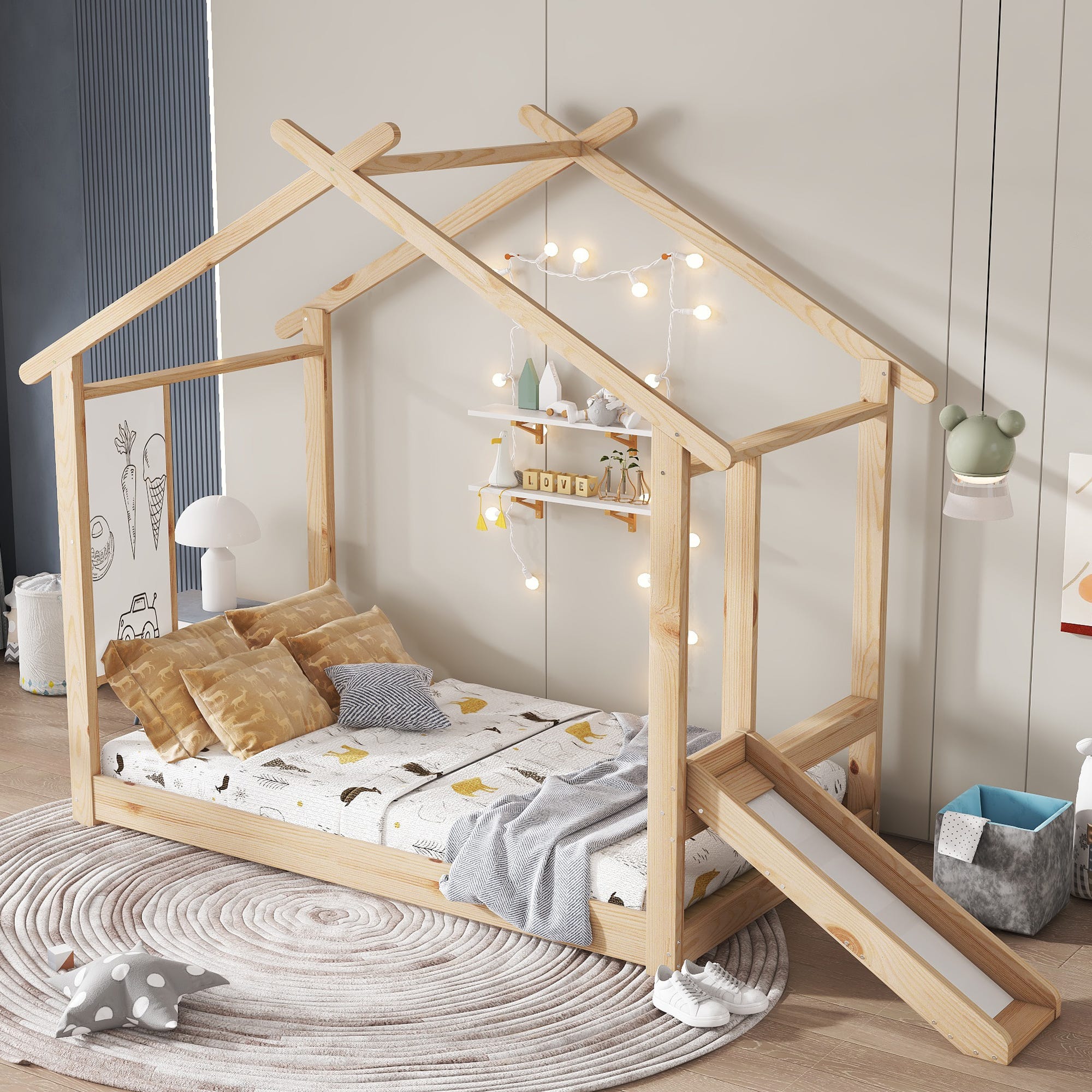 Lit Enfant 90x200 Cm Avec Toboggan Et Toit Cabane - Bois Naturel, Tableau Blanc Effaçable, Sommier Renforcé
